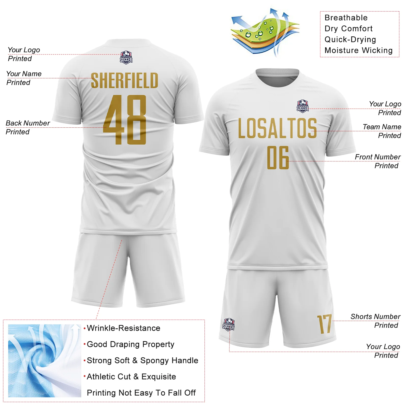 Custom White Old Gold Sublimation Soccer Uniform Jersey - Image 4
