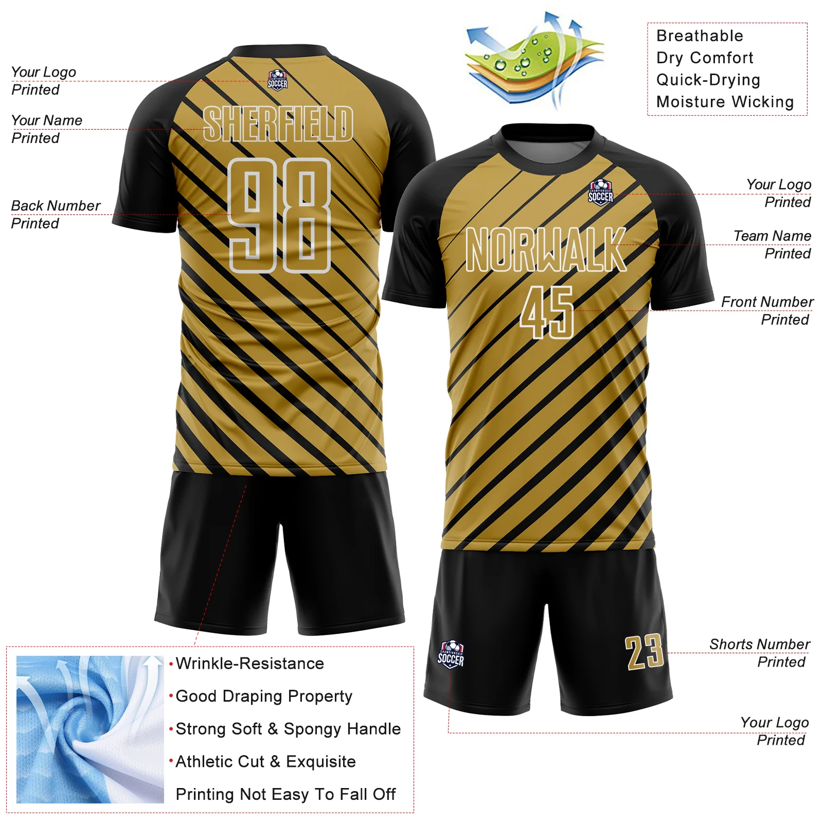 Custom Black Old Gold-White Lines Sublimation Soccer Uniform Jersey - Image 4