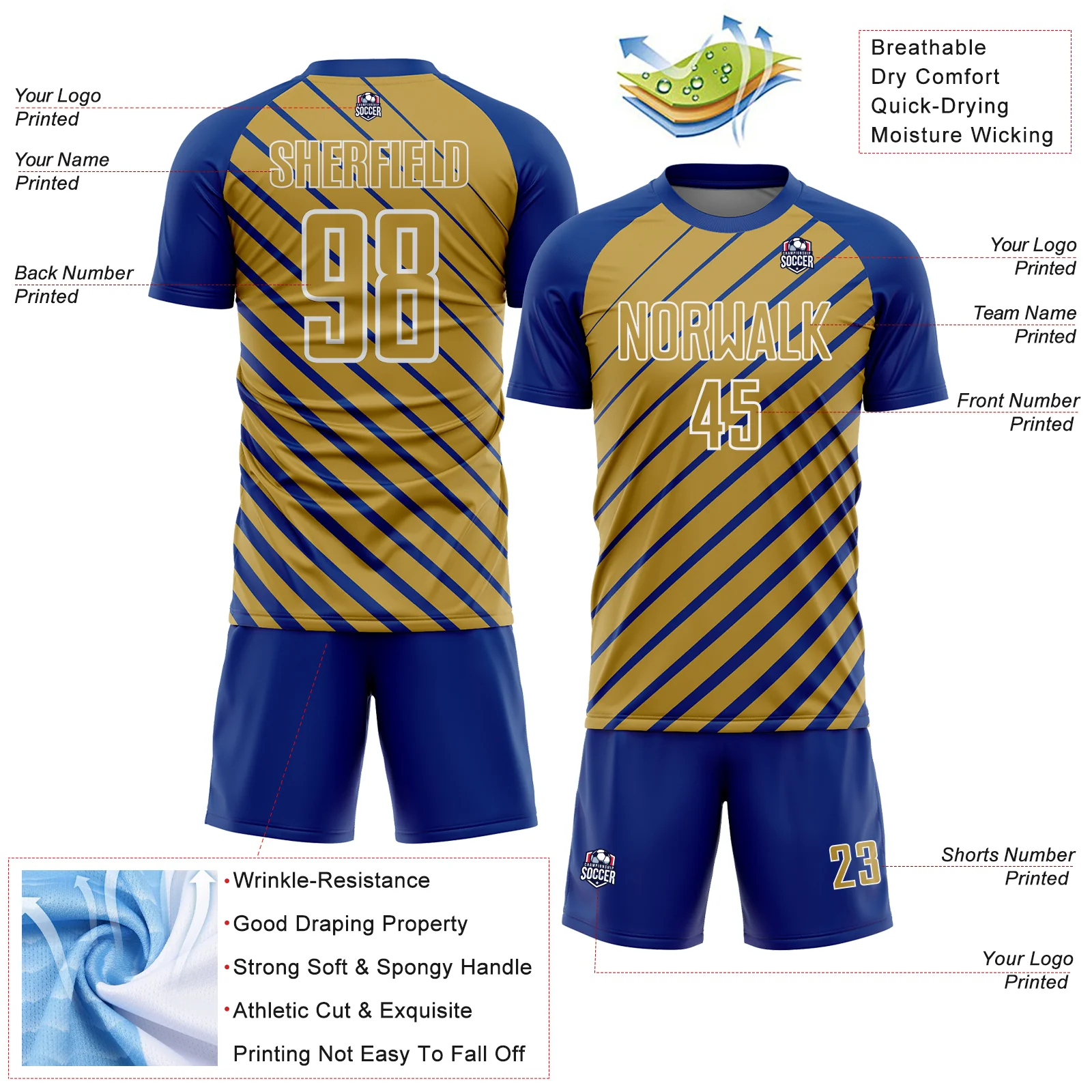 Custom Royal Old Gold-White Lines Sublimation Soccer Uniform Jersey - Image 4