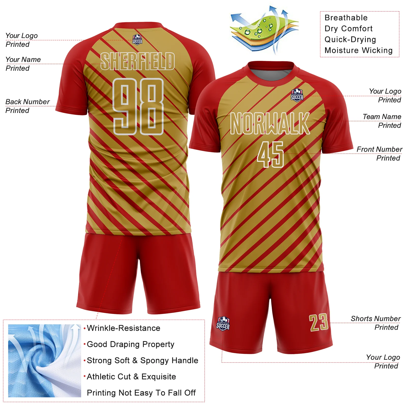 Custom Red Old Gold-White Lines Sublimation Soccer Uniform Jersey - Image 4