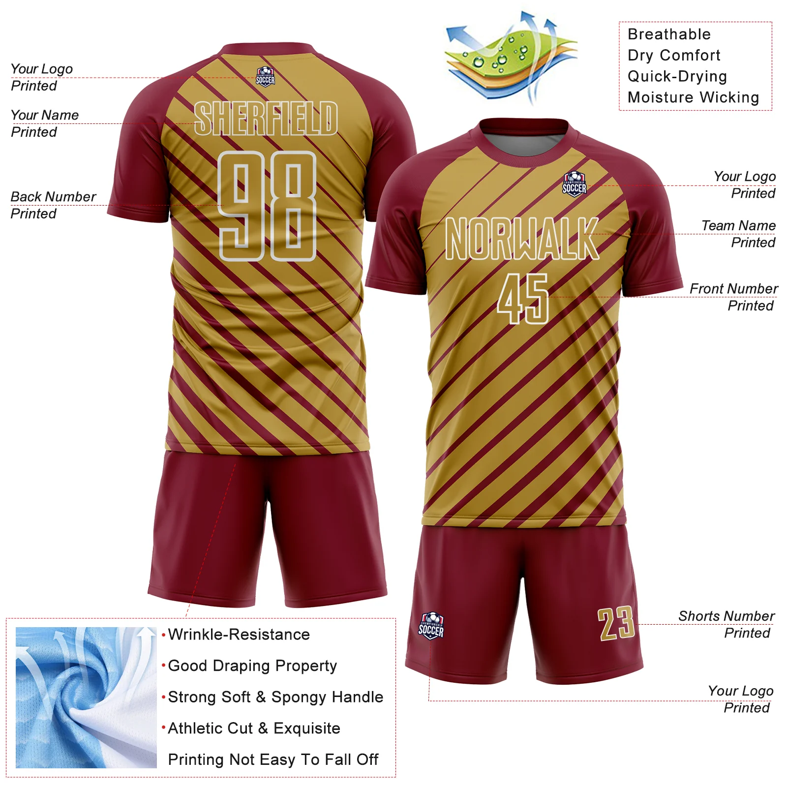 Custom Crimson Old Gold-White Lines Sublimation Soccer Uniform Jersey - Image 4
