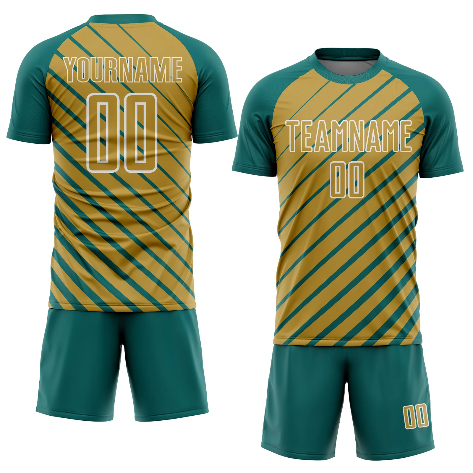 Custom Teal Old Gold-White Lines Sublimation Soccer Uniform Jersey - Image 2