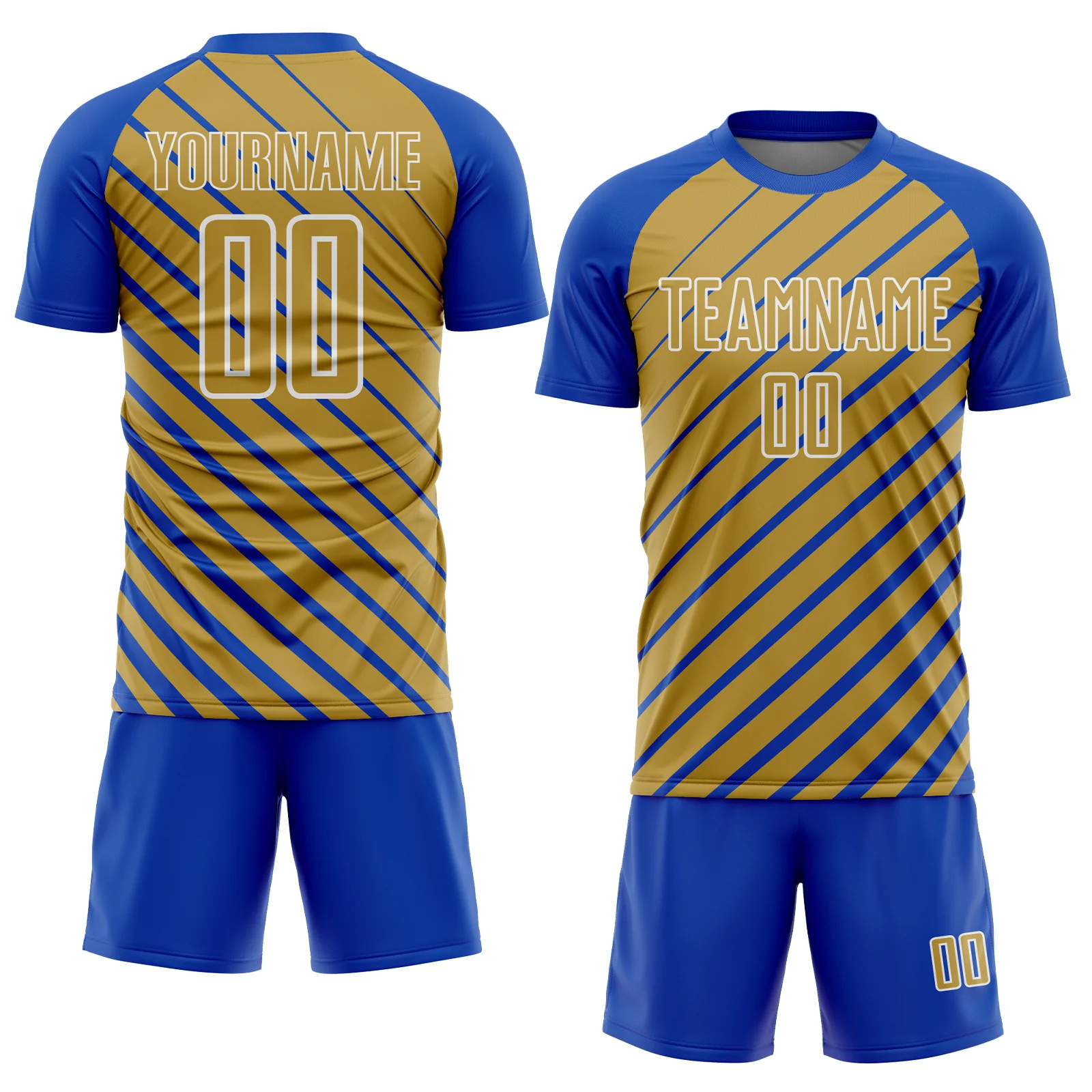 Custom Thunder Blue Old Gold-White Lines Sublimation Soccer Uniform Jersey - Image 2