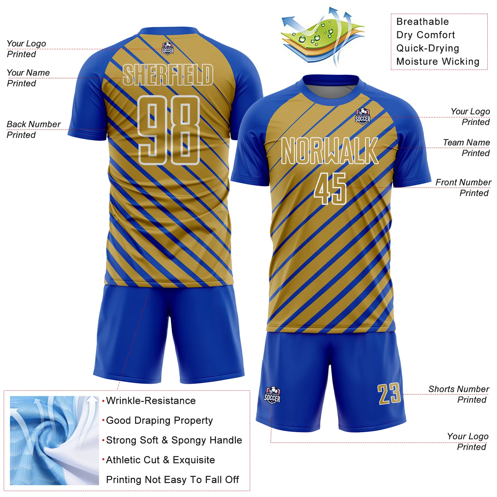 Custom Thunder Blue Old Gold-White Lines Sublimation Soccer Uniform Jersey - Image 4