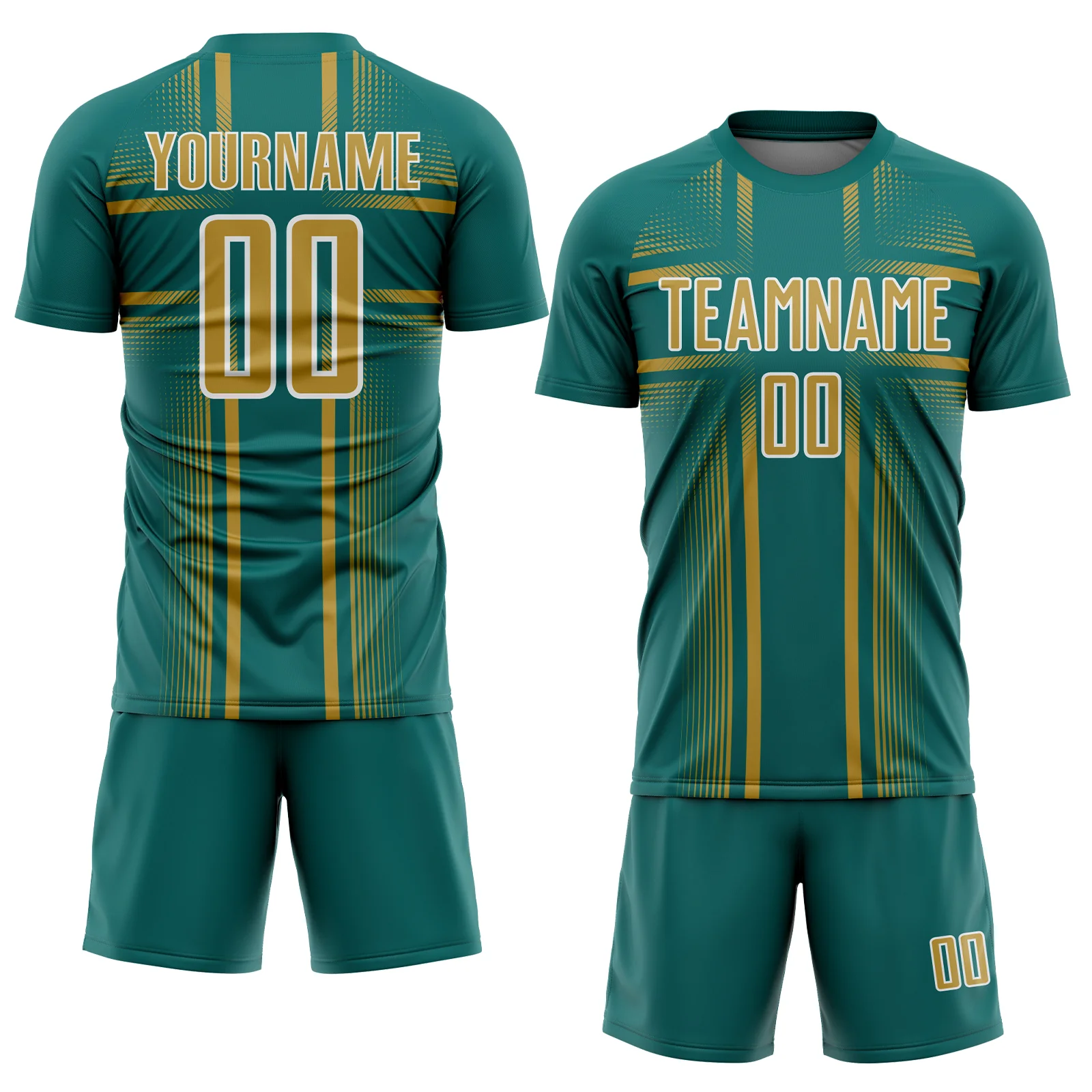 Custom Teal Old Gold-White Lines Sublimation Soccer Uniform Jersey - Image 2