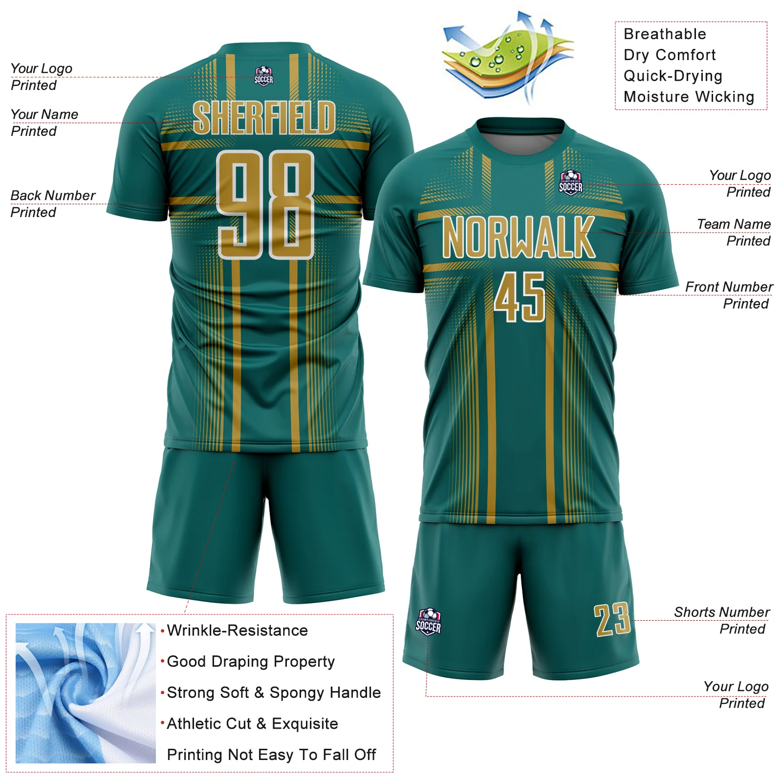 Custom Teal Old Gold-White Lines Sublimation Soccer Uniform Jersey - Image 4