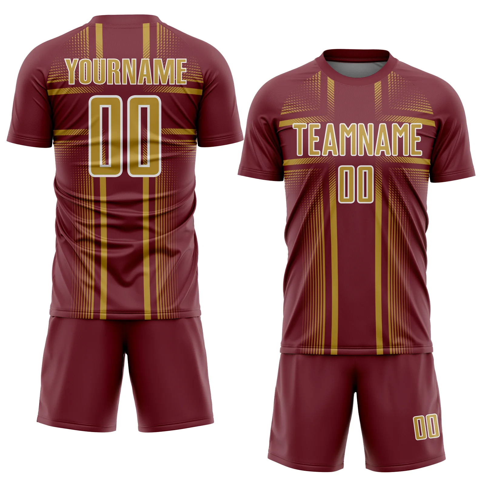 Custom Burgundy Old Gold-White Lines Sublimation Soccer Uniform Jersey - Image 2