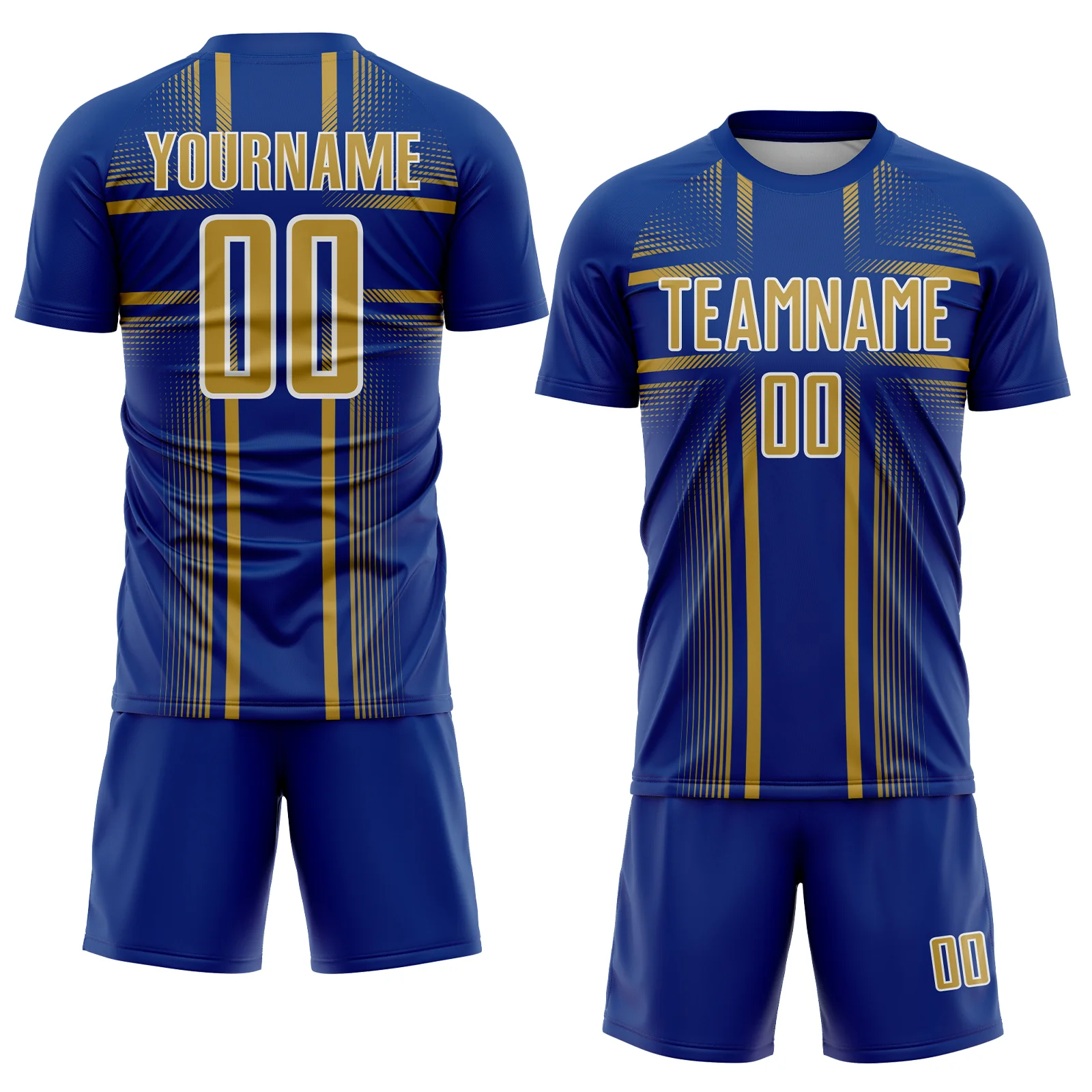 Custom Royal Old Gold-White Lines Sublimation Soccer Uniform Jersey - Image 2