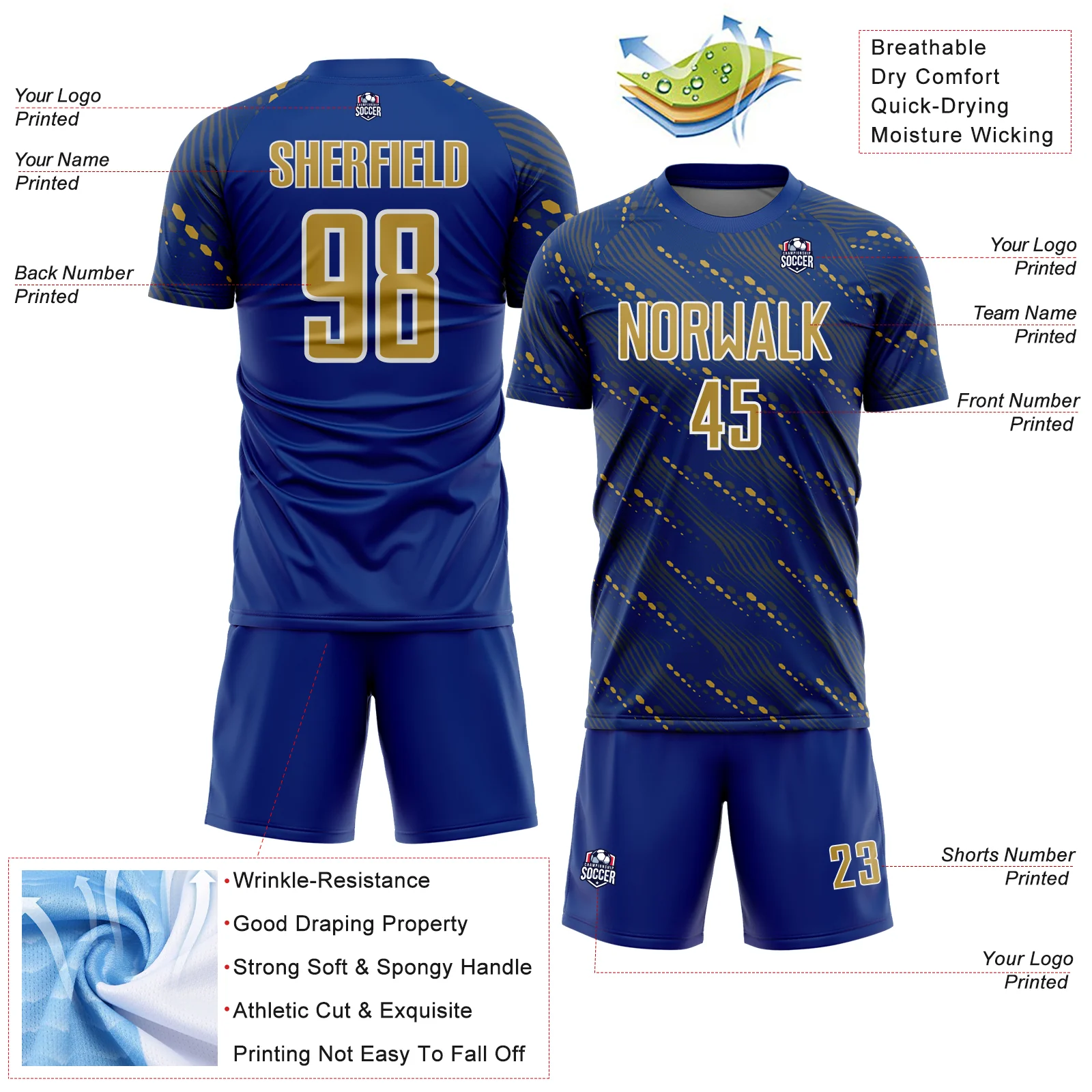 Custom Royal Old Gold-White Slant Lines Sports Sublimation Soccer Uniform Jersey - Image 4