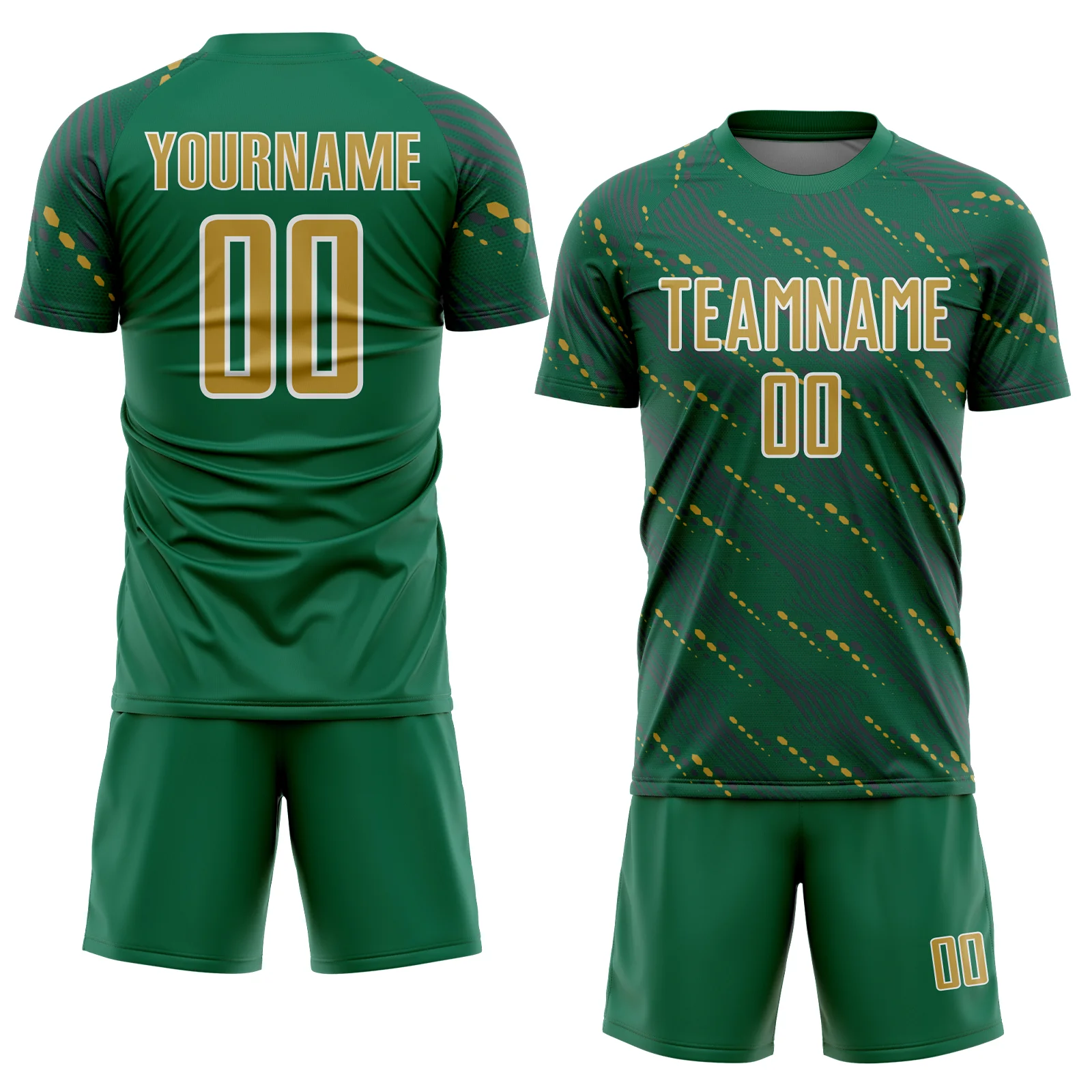 Custom Kelly Green Old Gold-White Slant Lines Sports Sublimation Soccer Uniform Jersey - Image 2