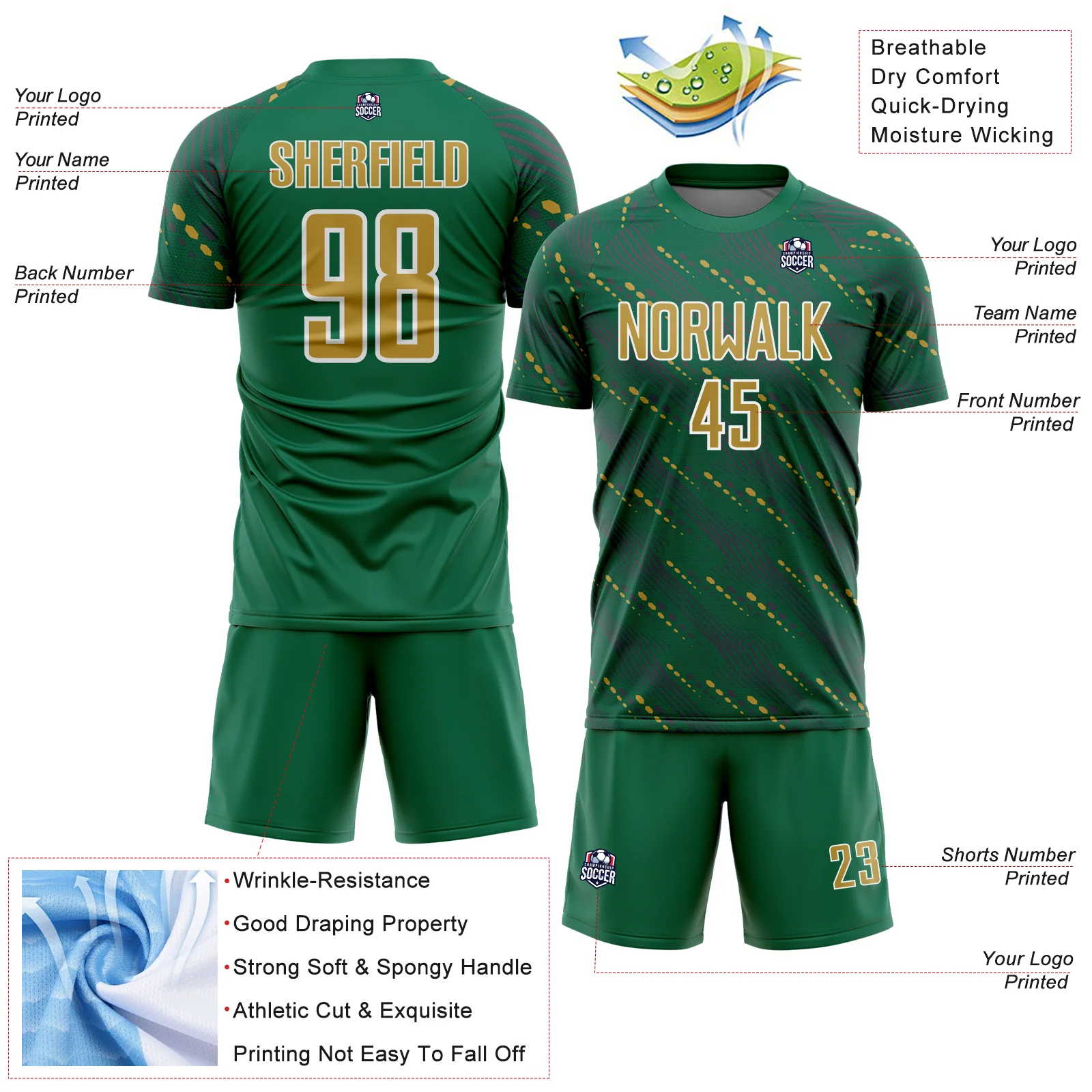 Custom Kelly Green Old Gold-White Slant Lines Sports Sublimation Soccer Uniform Jersey - Image 4