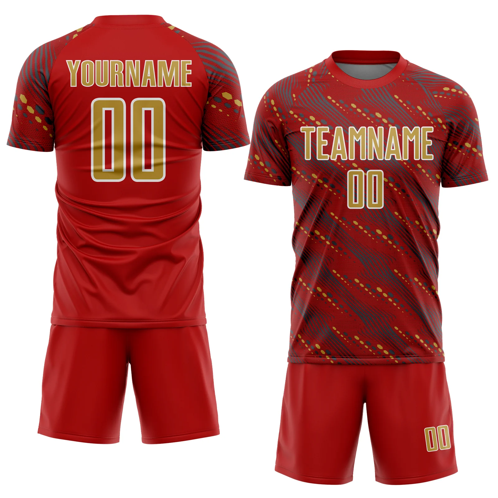 Custom Red Old Gold-White Slant Lines Sports Sublimation Soccer Uniform Jersey - Image 2