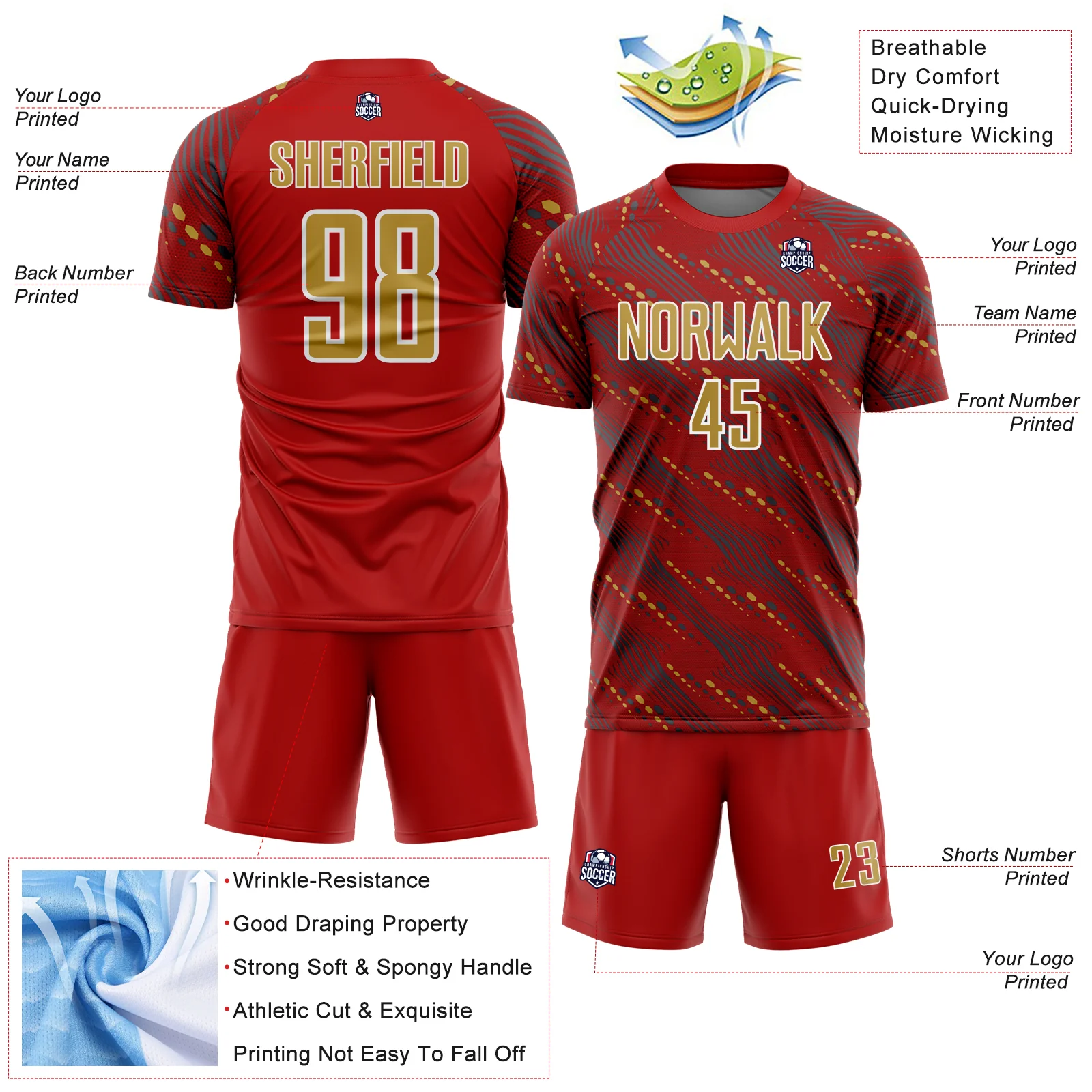 Custom Red Old Gold-White Slant Lines Sports Sublimation Soccer Uniform Jersey - Image 4