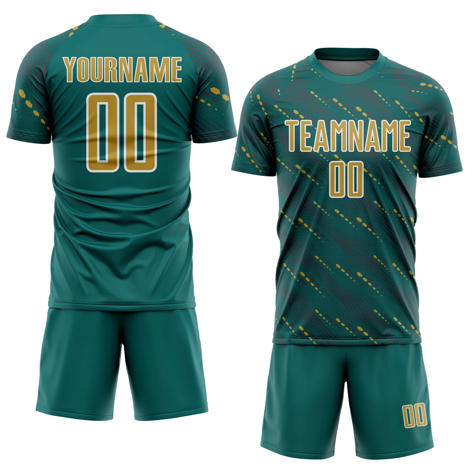 Custom Teal Old Gold-White Slant Lines Sports Sublimation Soccer Uniform Jersey - Image 2