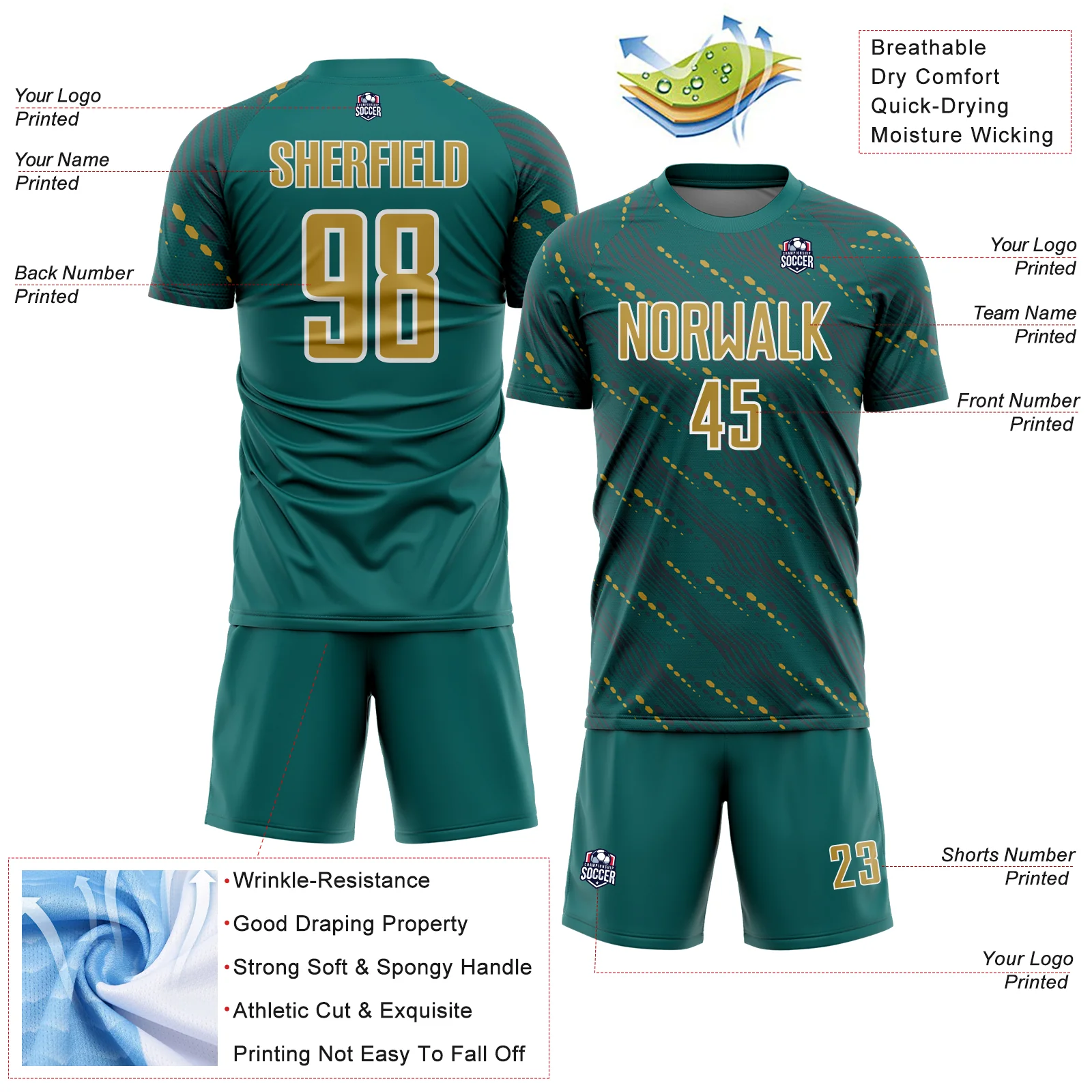 Custom Teal Old Gold-White Slant Lines Sports Sublimation Soccer Uniform Jersey - Image 4