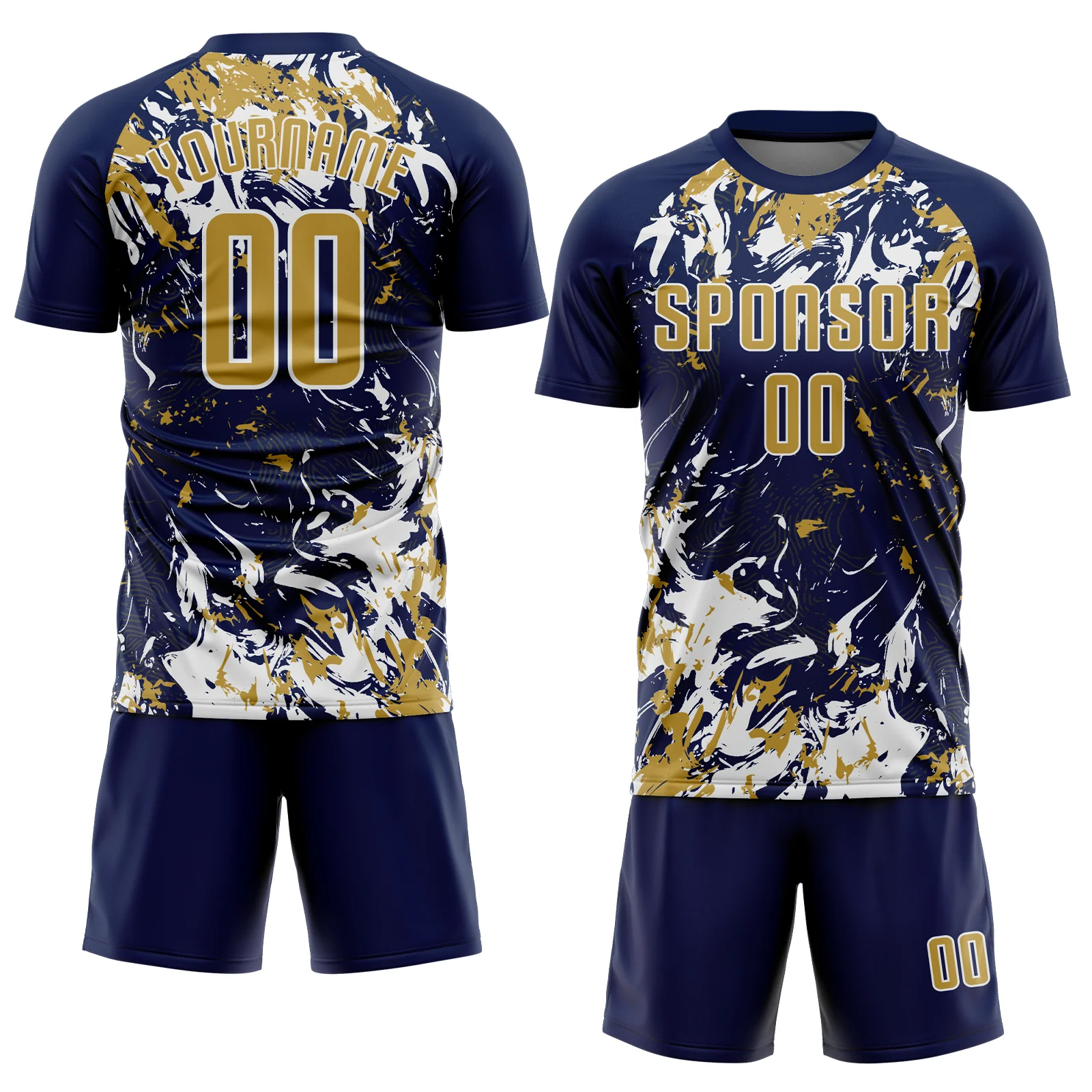 Custom Navy Old Gold-White Fluid Art Splash Sublimation Soccer Uniform Jersey - Image 2