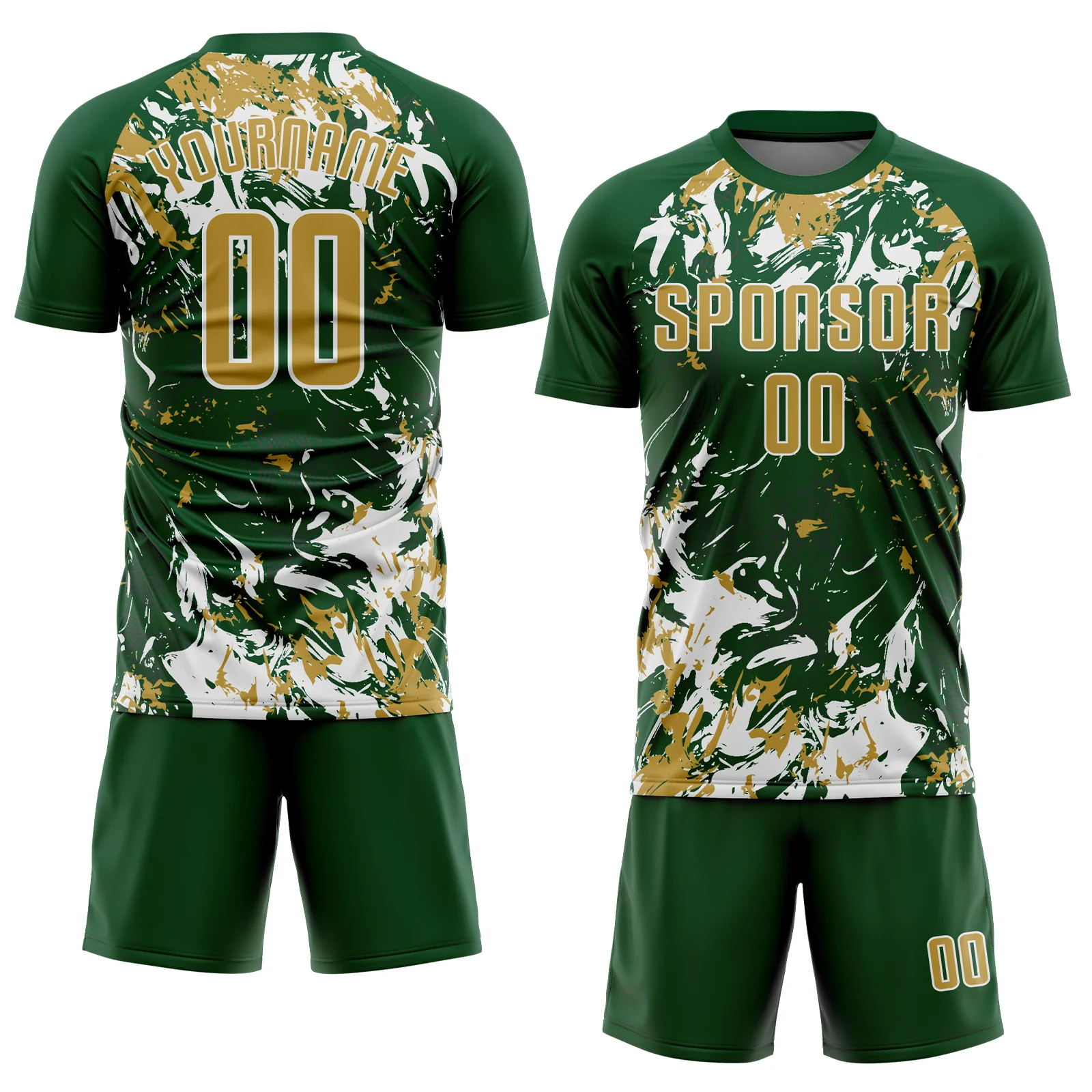 Custom Green Old Gold-White Fluid Art Splash Sublimation Soccer Uniform Jersey - Image 2