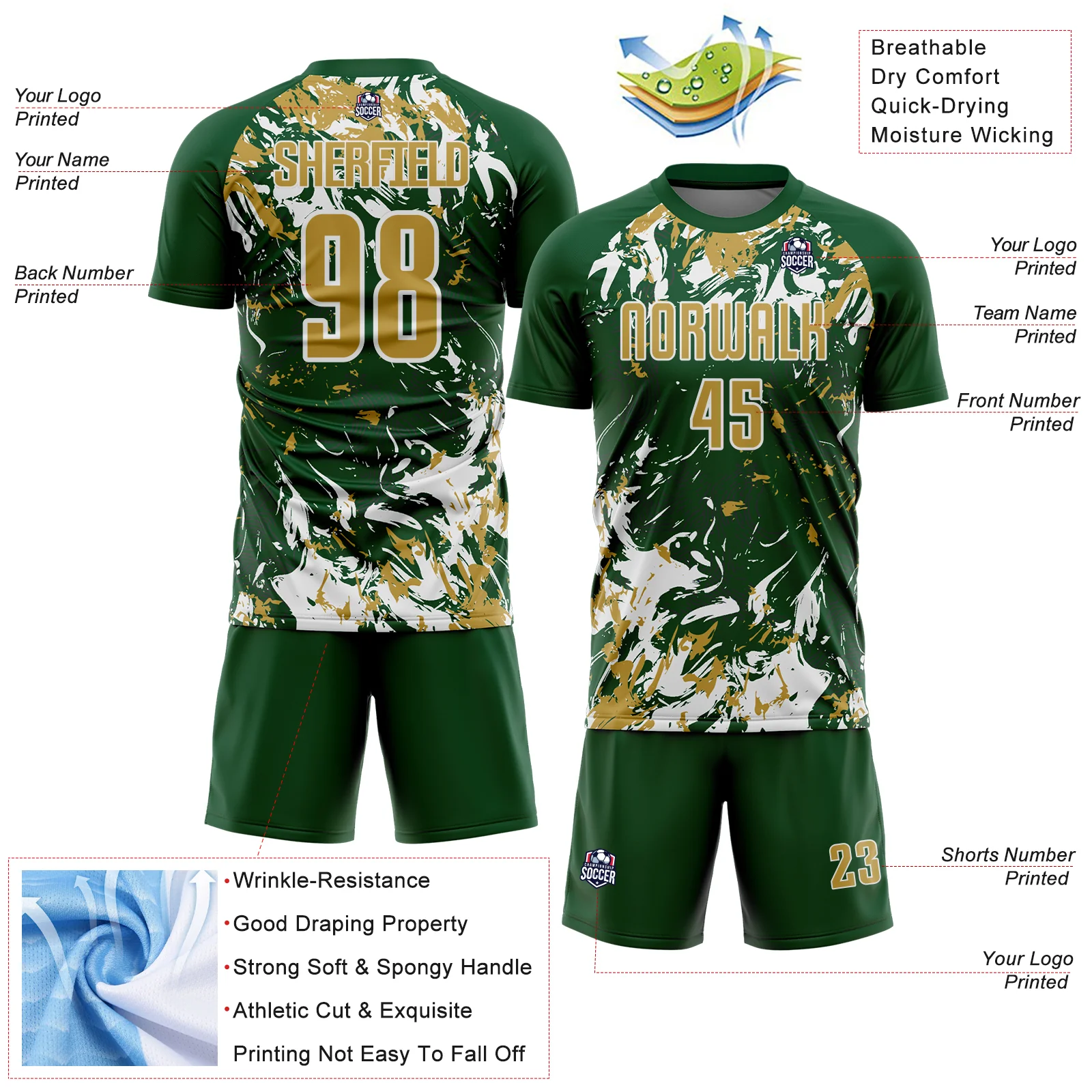 Custom Green Old Gold-White Fluid Art Splash Sublimation Soccer Uniform Jersey - Image 4