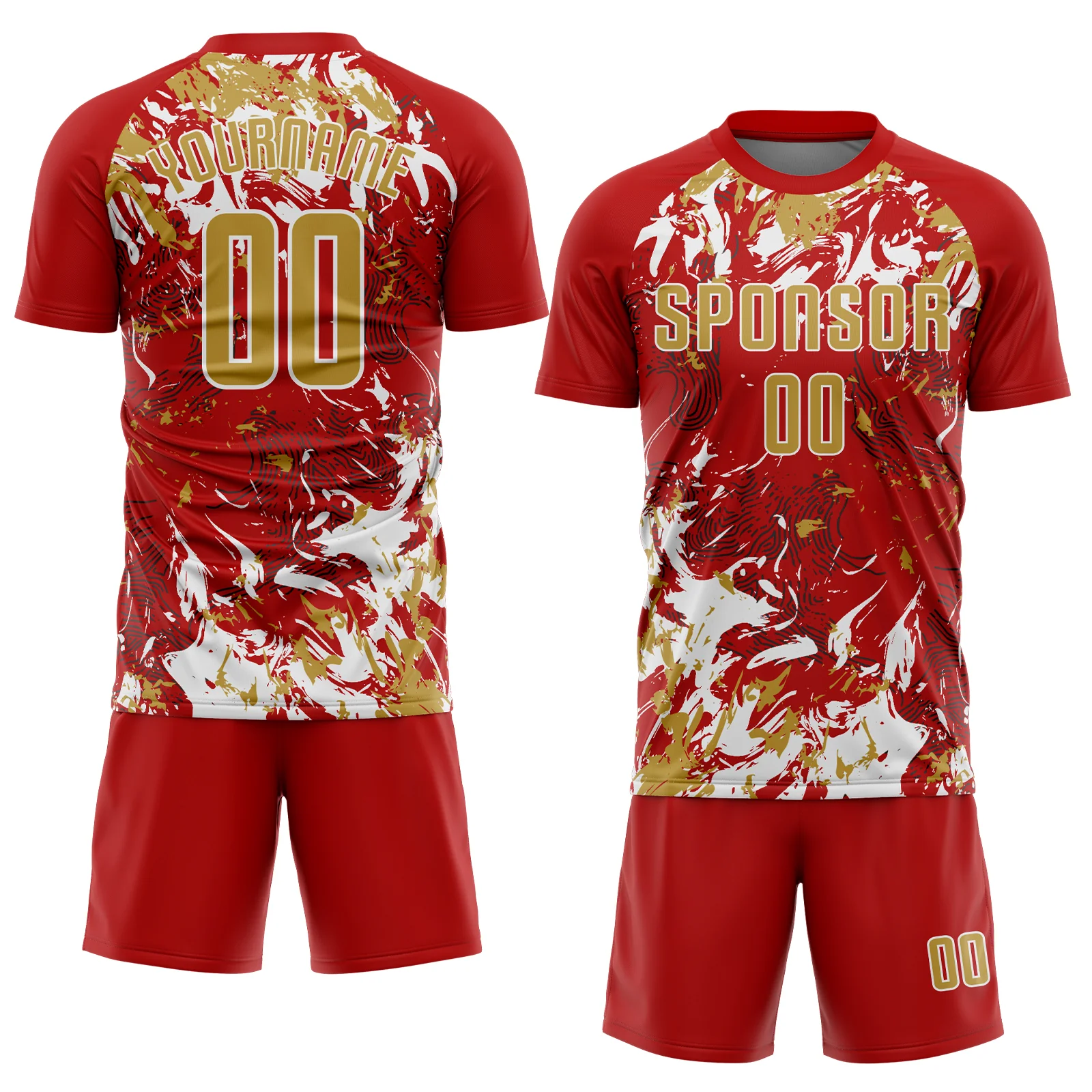 Custom Red Old Gold-White Fluid Art Splash Sublimation Soccer Uniform Jersey - Image 2