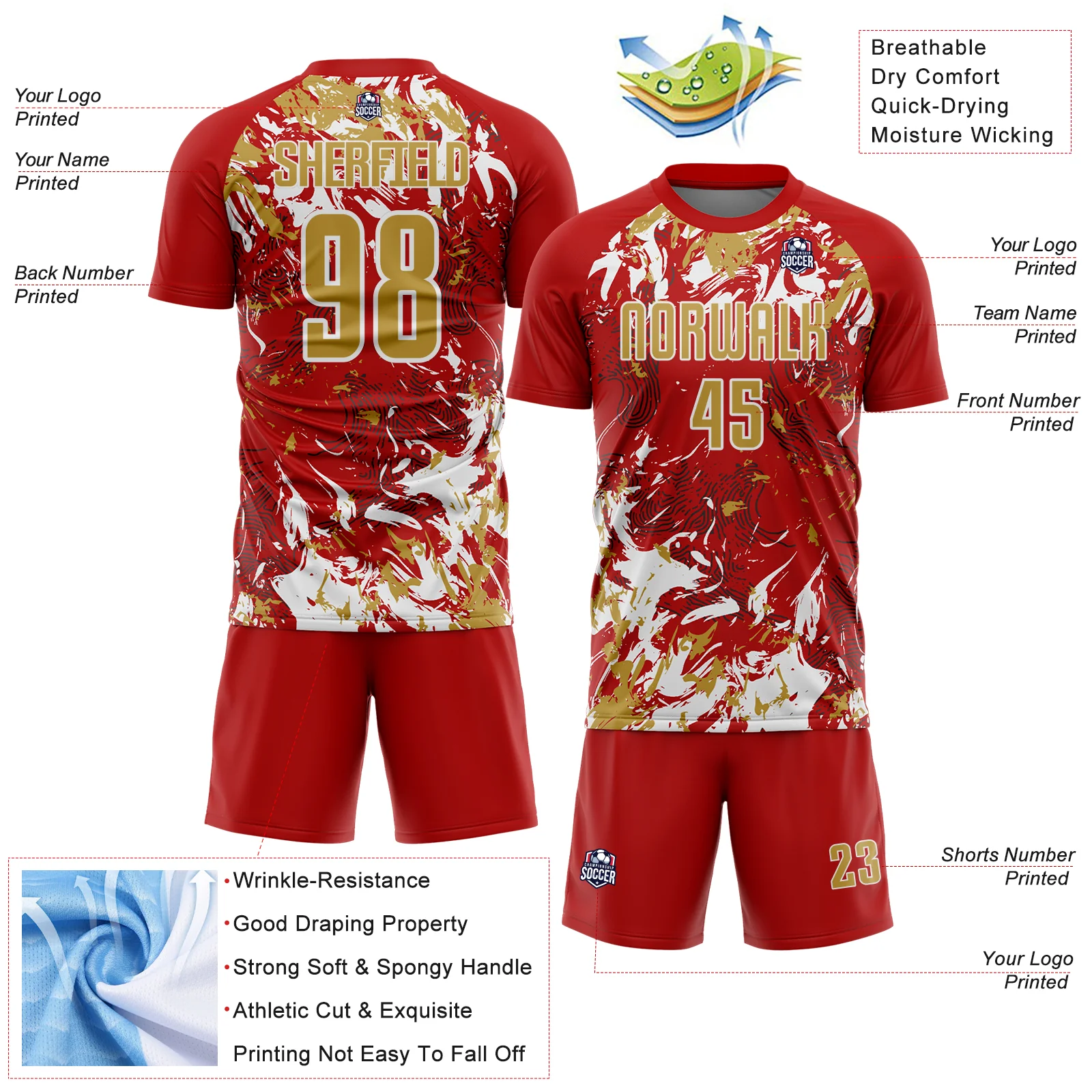 Custom Red Old Gold-White Fluid Art Splash Sublimation Soccer Uniform Jersey - Image 4