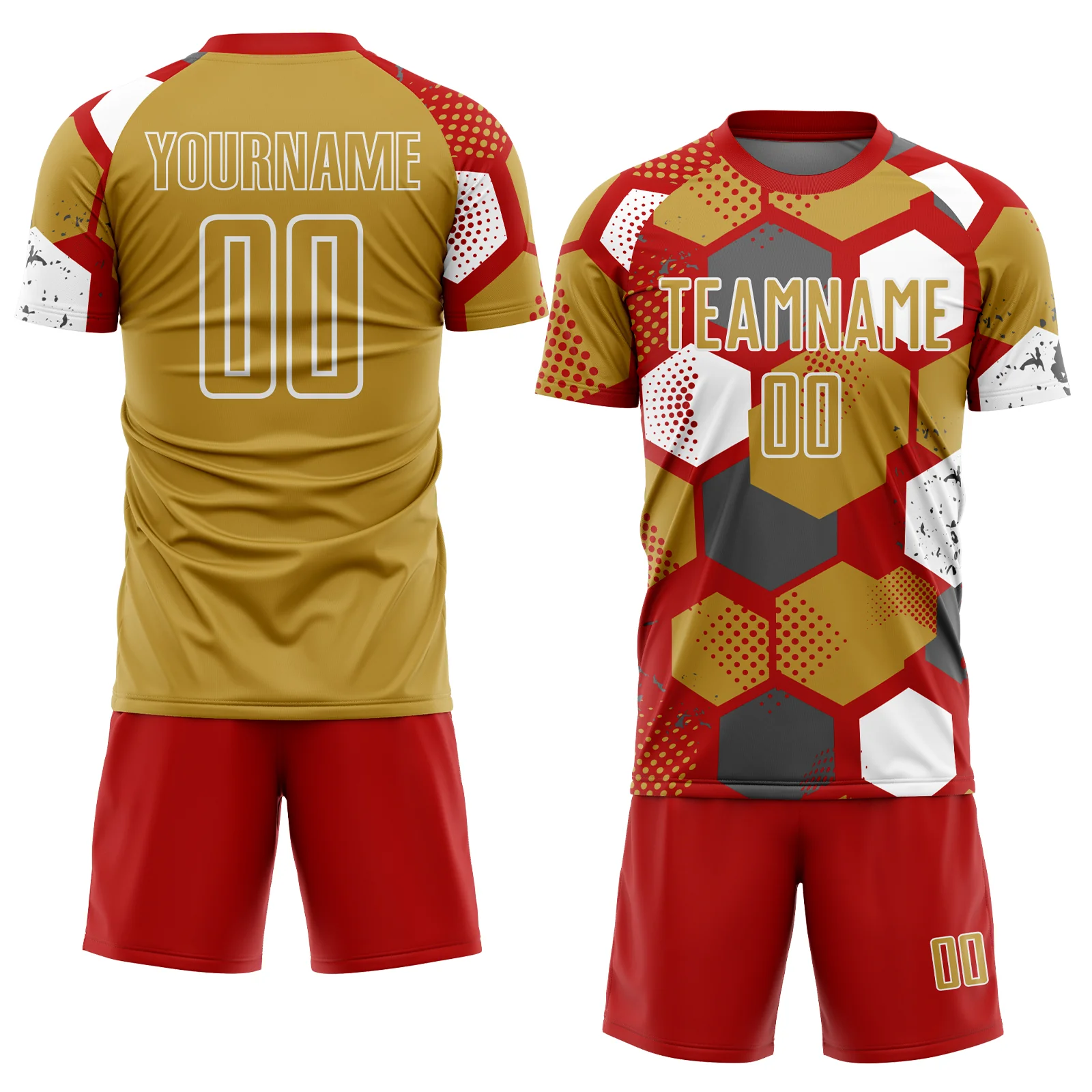 Custom Red Old Gold-White Geometric Shape Sublimation Soccer Uniform Jersey - Image 2