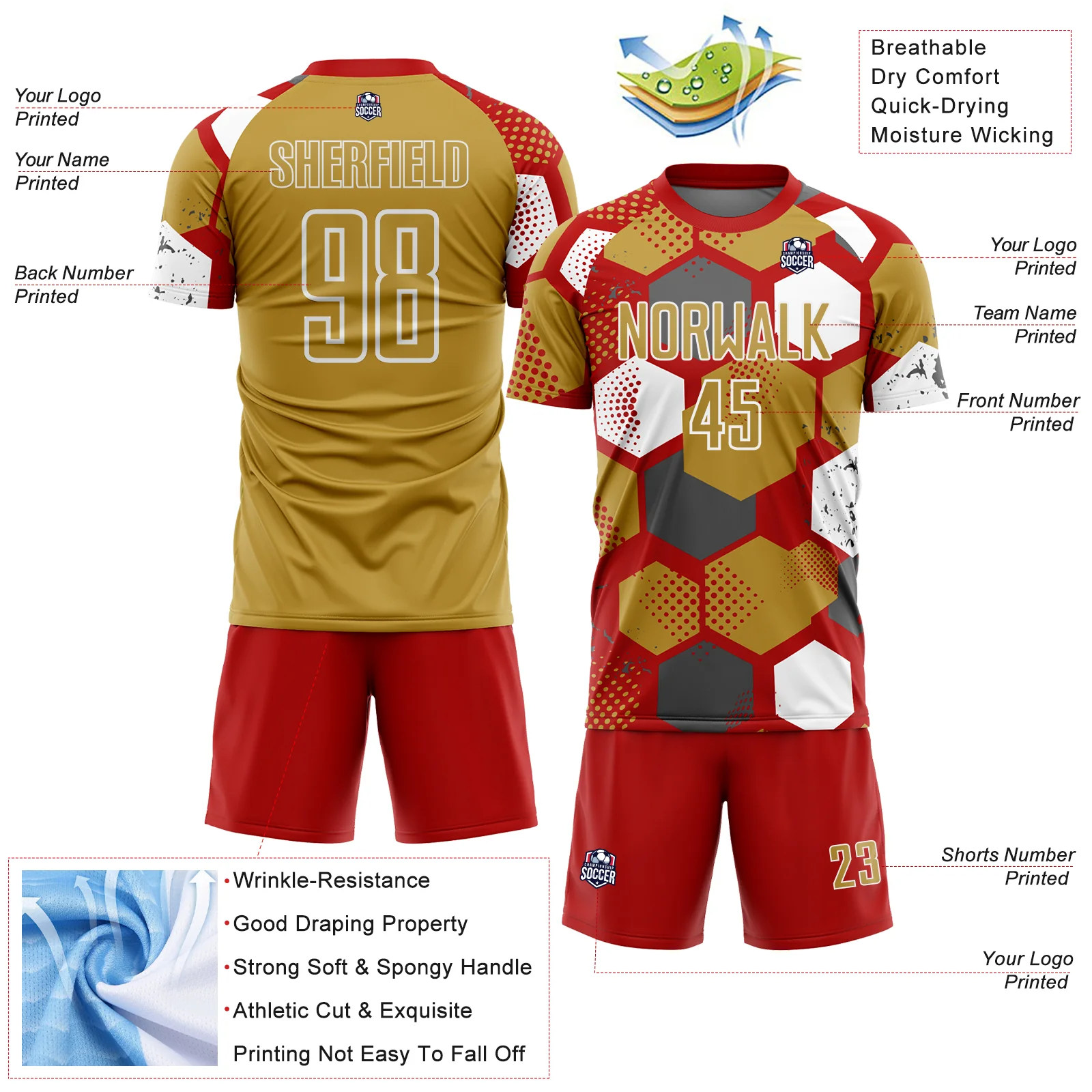 Custom Red Old Gold-White Geometric Shape Sublimation Soccer Uniform Jersey - Image 4
