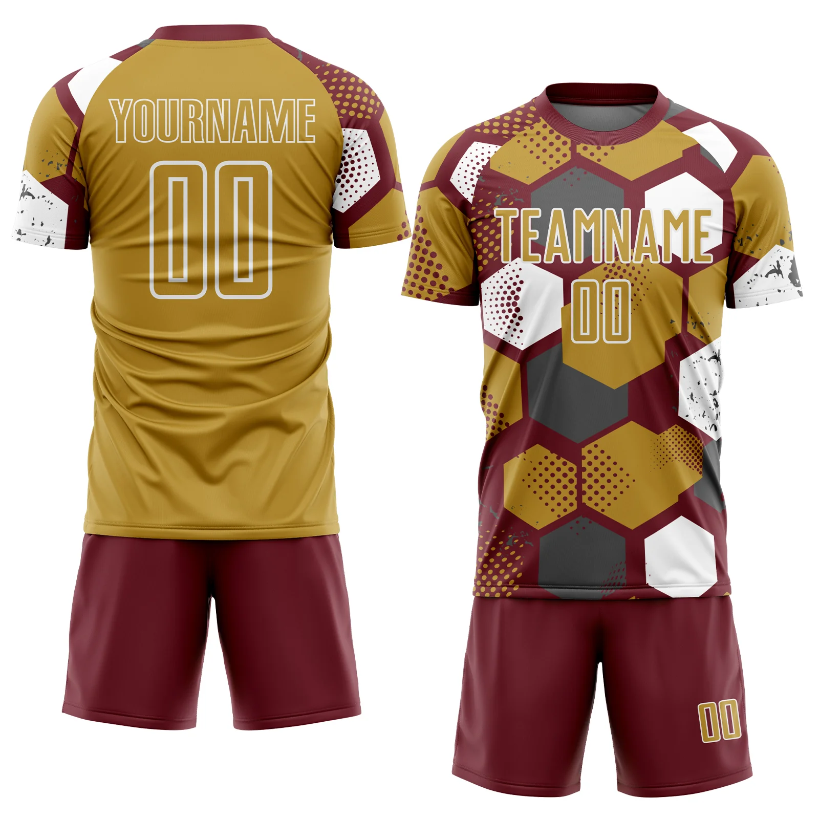 Custom Burgundy Old Gold-White Geometric Shape Sublimation Soccer Uniform Jersey - Image 2