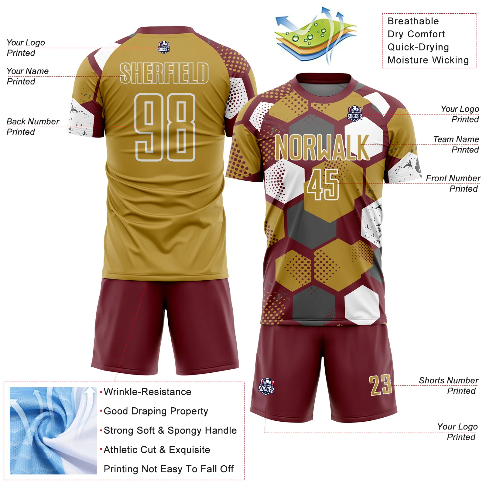 Custom Burgundy Old Gold-White Geometric Shape Sublimation Soccer Uniform Jersey - Image 4