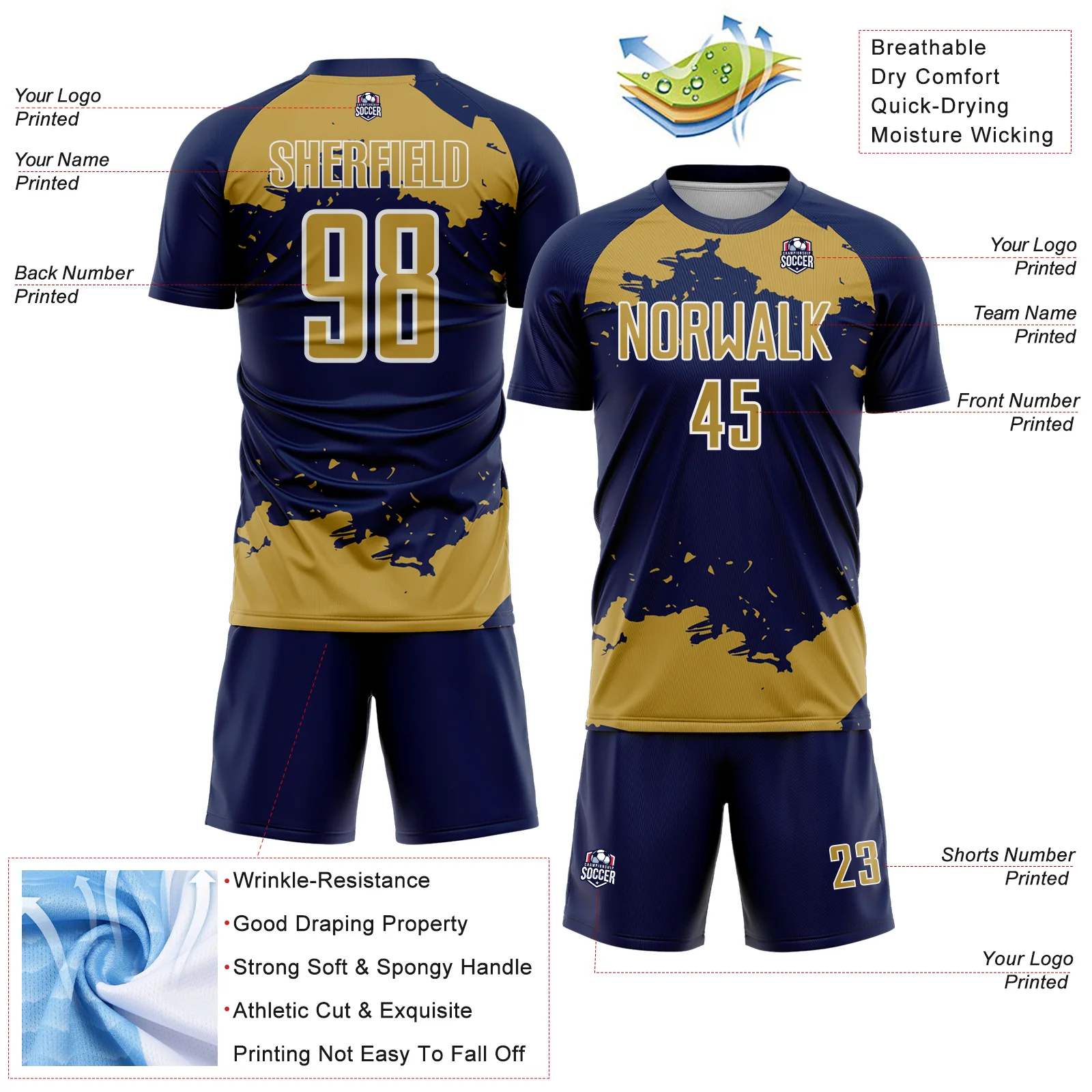 Custom Navy Old Gold-White Abstract Fragment Art Sublimation Soccer Uniform Jersey - Image 4