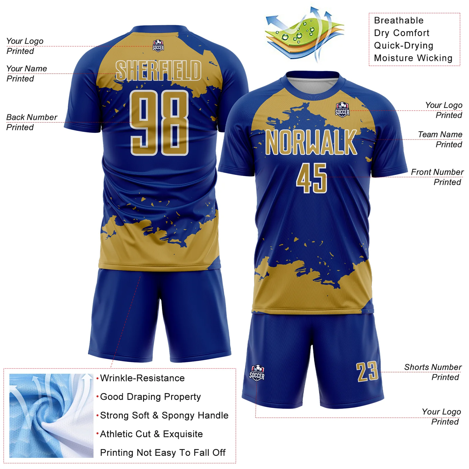 Custom Royal Old Gold-White Abstract Fragment Art Sublimation Soccer Uniform Jersey - Image 4
