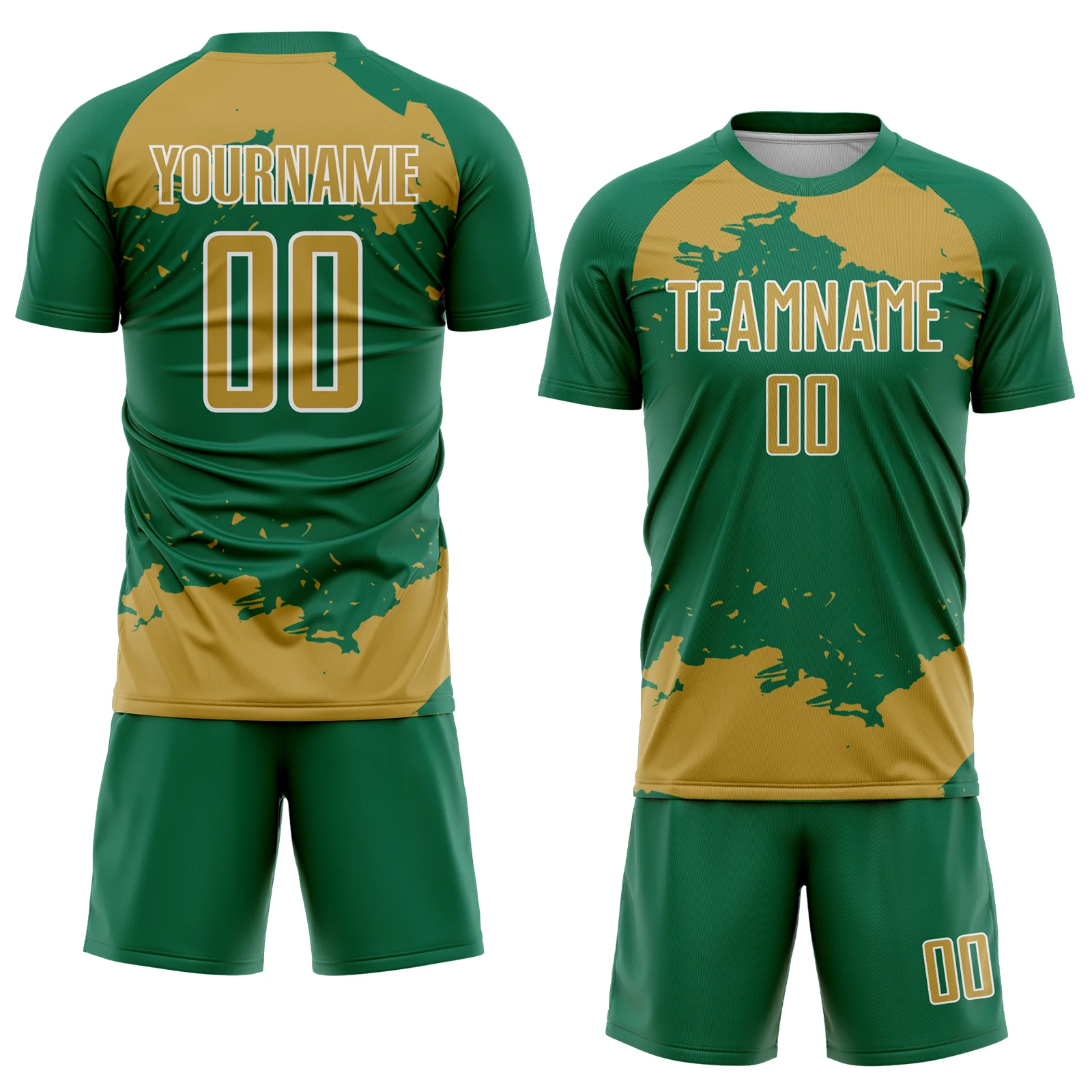 Custom Kelly Green Old Gold-White Abstract Fragment Art Sublimation Soccer Uniform Jersey - Image 2