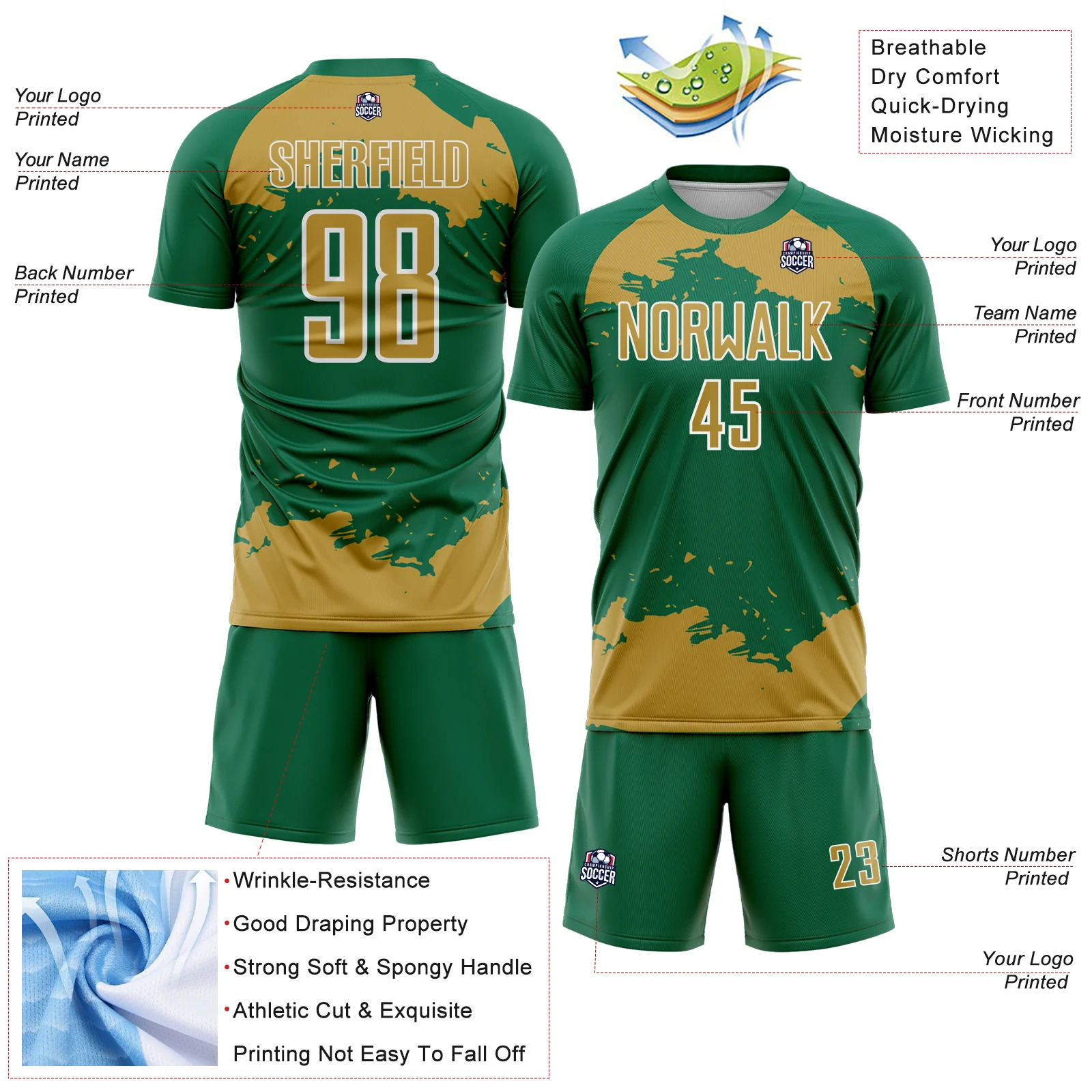 Custom Kelly Green Old Gold-White Abstract Fragment Art Sublimation Soccer Uniform Jersey - Image 4