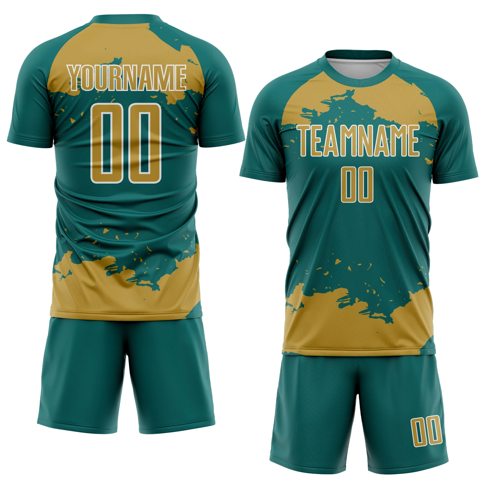 Custom Teal Old Gold-White Abstract Fragment Art Sublimation Soccer Uniform Jersey - Image 2