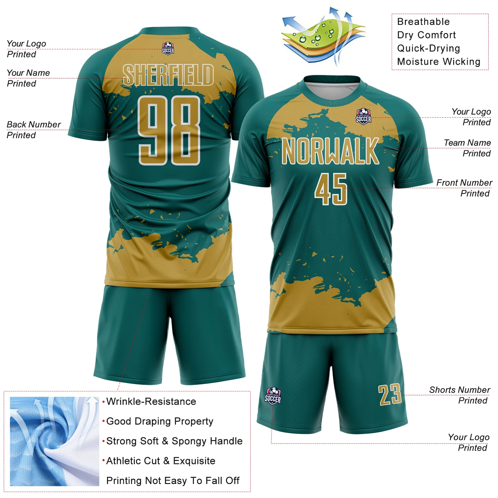 Custom Teal Old Gold-White Abstract Fragment Art Sublimation Soccer Uniform Jersey - Image 4