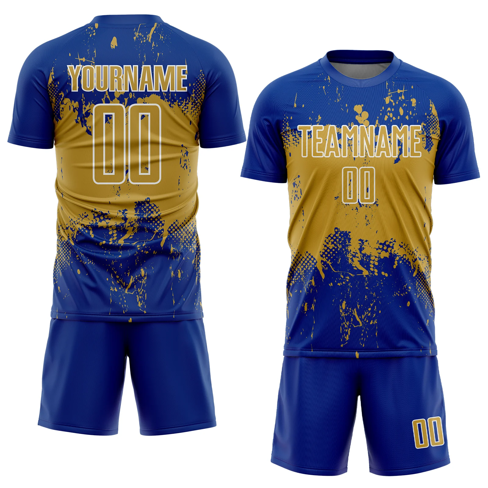 Custom Royal Old Gold-White Abstract Splatter Grunge Art Sports Sublimation Soccer Uniform Jersey - Image 2