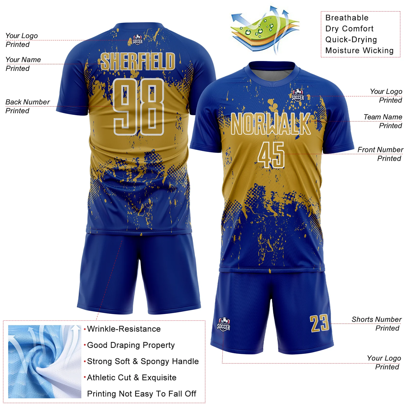 Custom Royal Old Gold-White Abstract Splatter Grunge Art Sports Sublimation Soccer Uniform Jersey - Image 4
