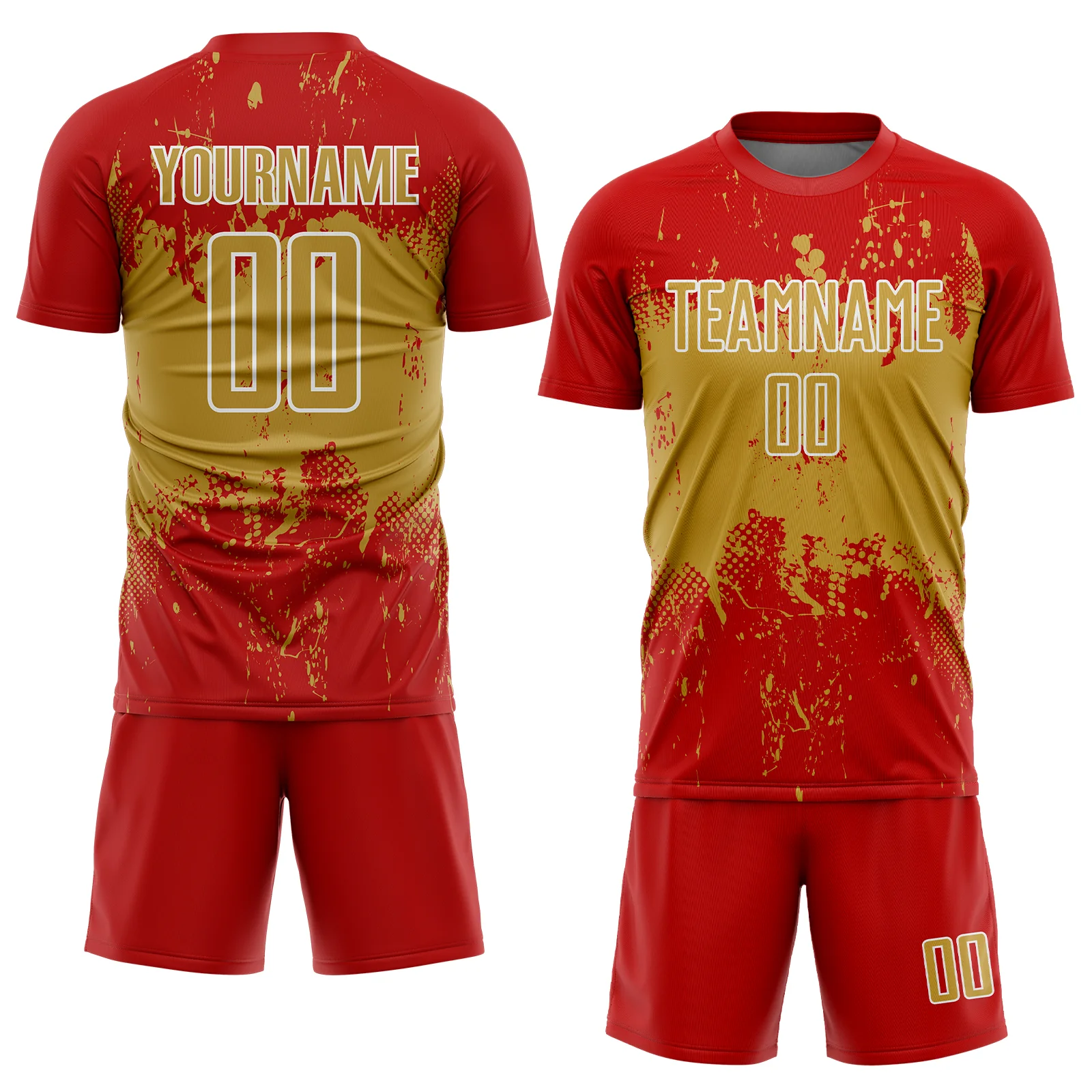 Custom Red Old Gold-White Abstract Splatter Grunge Art Sports Sublimation Soccer Uniform Jersey - Image 2