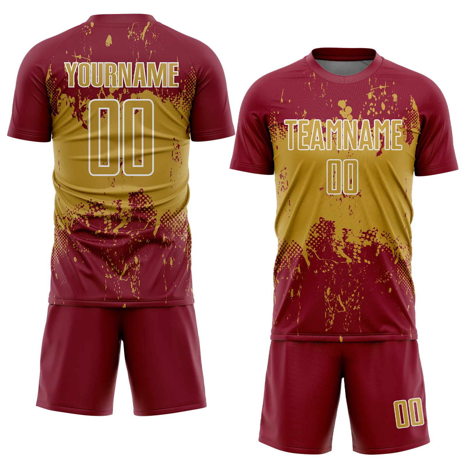 Custom Crimson Old Gold-White Abstract Splatter Grunge Art Sports Sublimation Soccer Uniform Jersey - Image 2