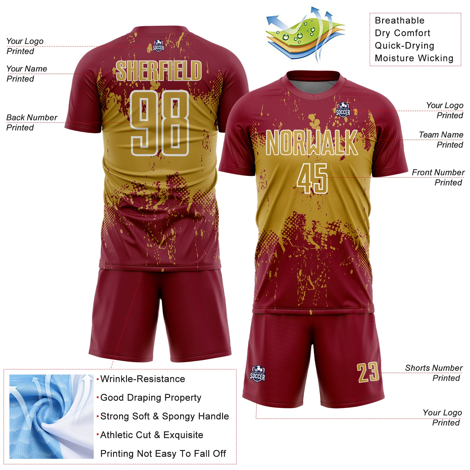 Custom Crimson Old Gold-White Abstract Splatter Grunge Art Sports Sublimation Soccer Uniform Jersey - Image 4
