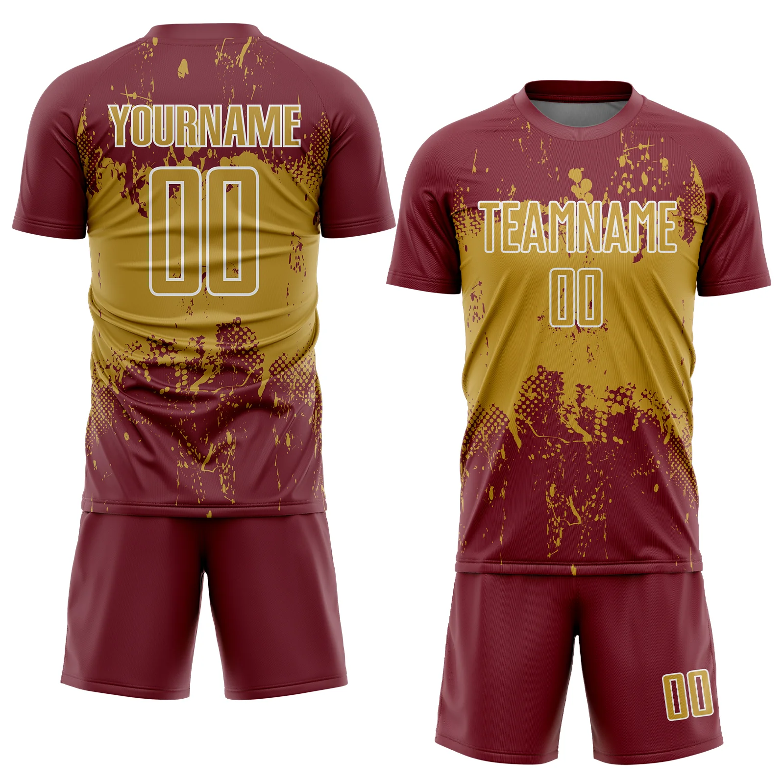 Custom Burgundy Old Gold-White Abstract Splatter Grunge Art Sports Sublimation Soccer Uniform Jersey - Image 2