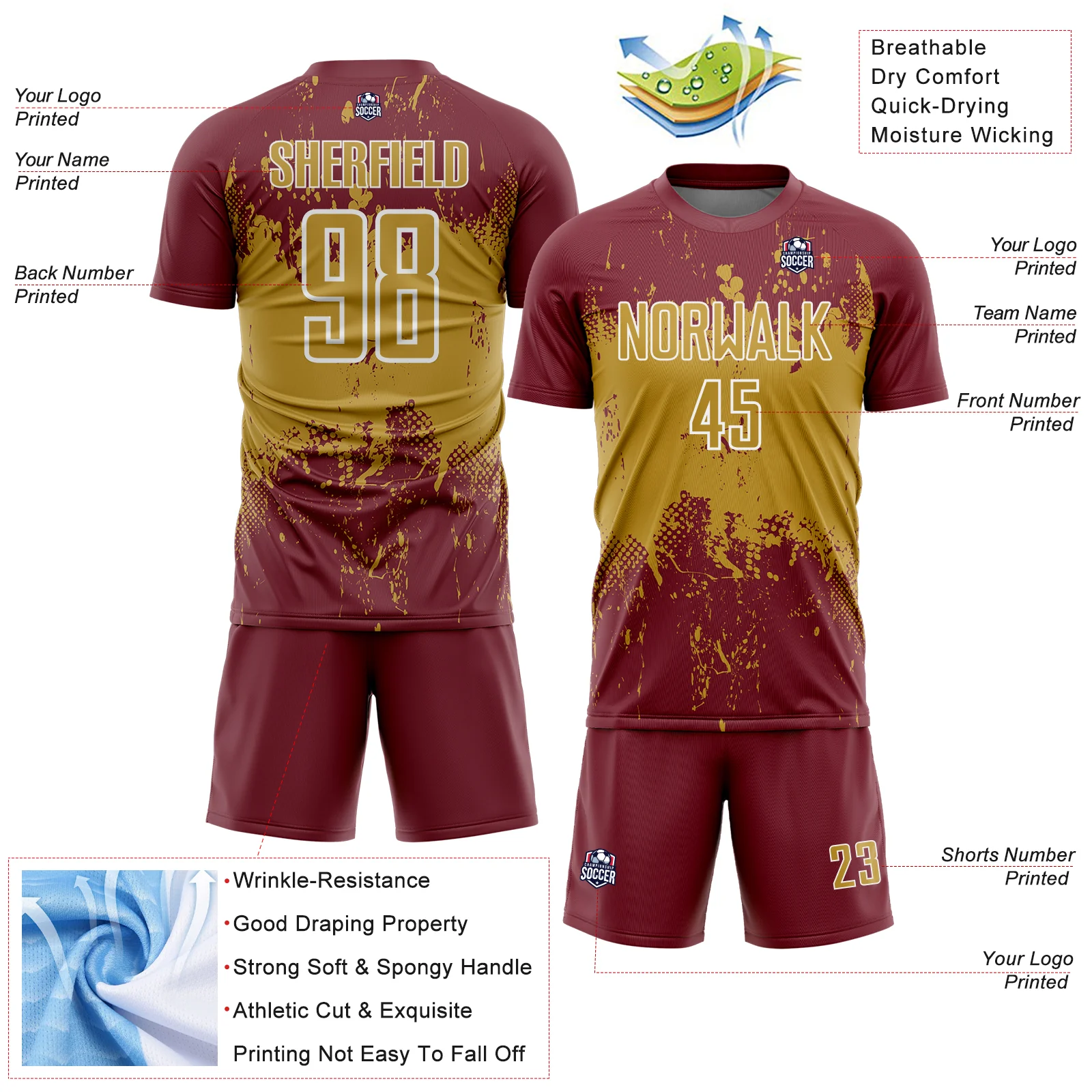 Custom Burgundy Old Gold-White Abstract Splatter Grunge Art Sports Sublimation Soccer Uniform Jersey - Image 4
