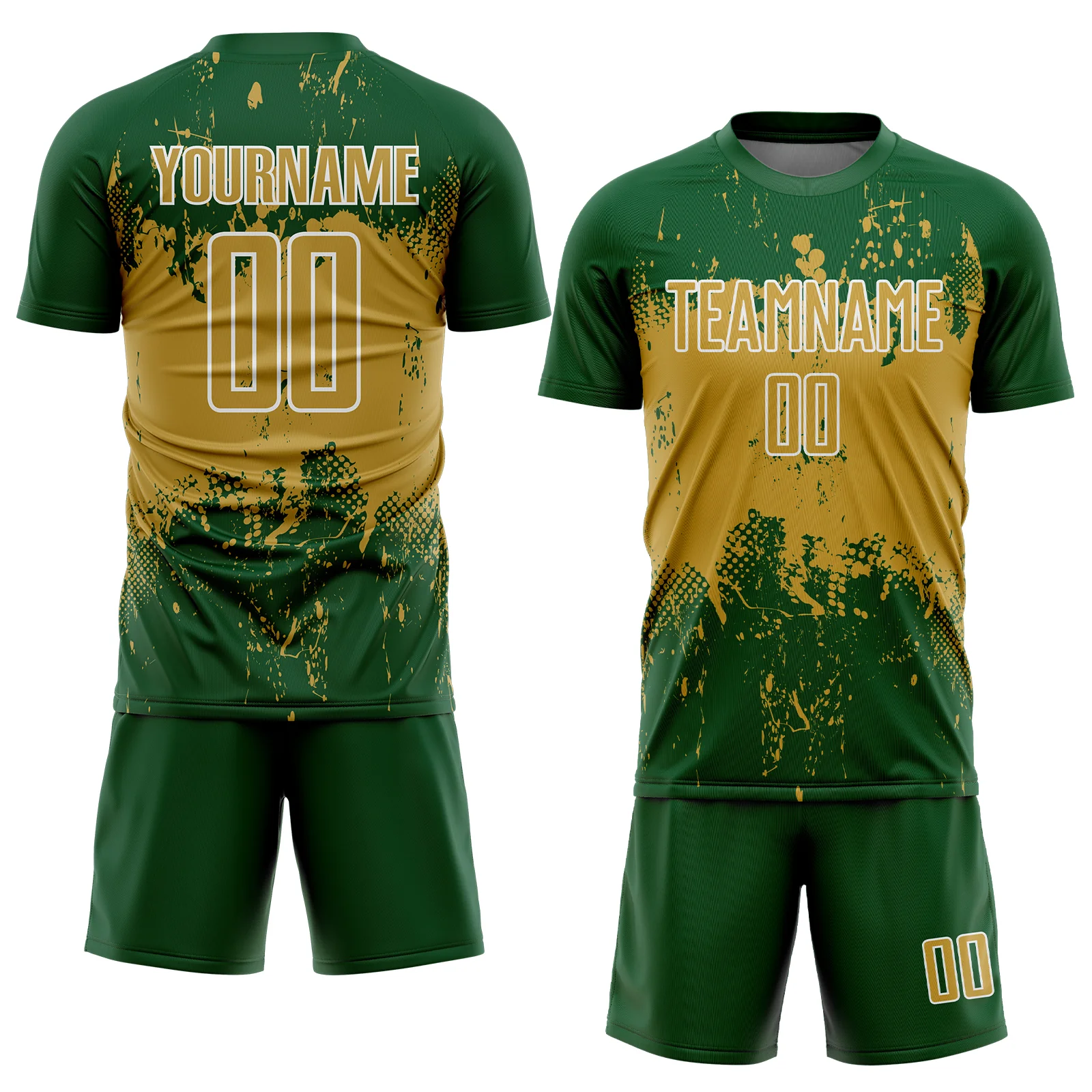 Custom Green Old Gold-White Abstract Splatter Grunge Art Sports Sublimation Soccer Uniform Jersey - Image 2