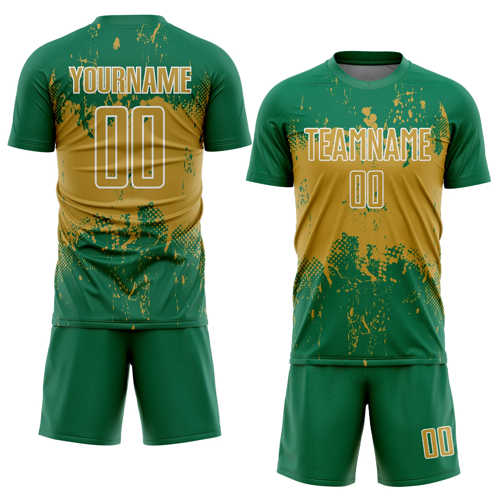 Custom Kelly Green Old Gold-White Abstract Splatter Grunge Art Sports Sublimation Soccer Uniform Jersey - Image 2