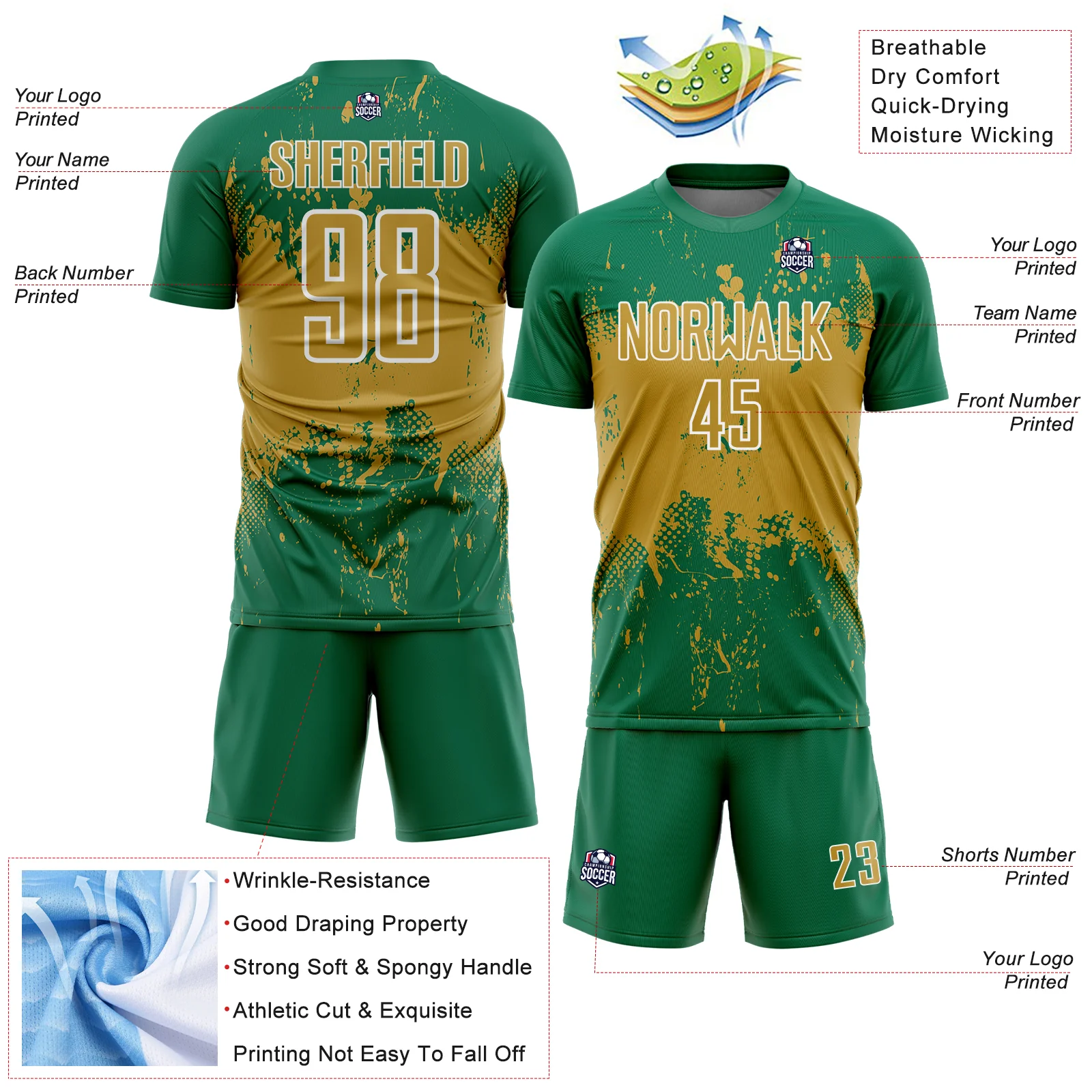 Custom Kelly Green Old Gold-White Abstract Splatter Grunge Art Sports Sublimation Soccer Uniform Jersey - Image 4