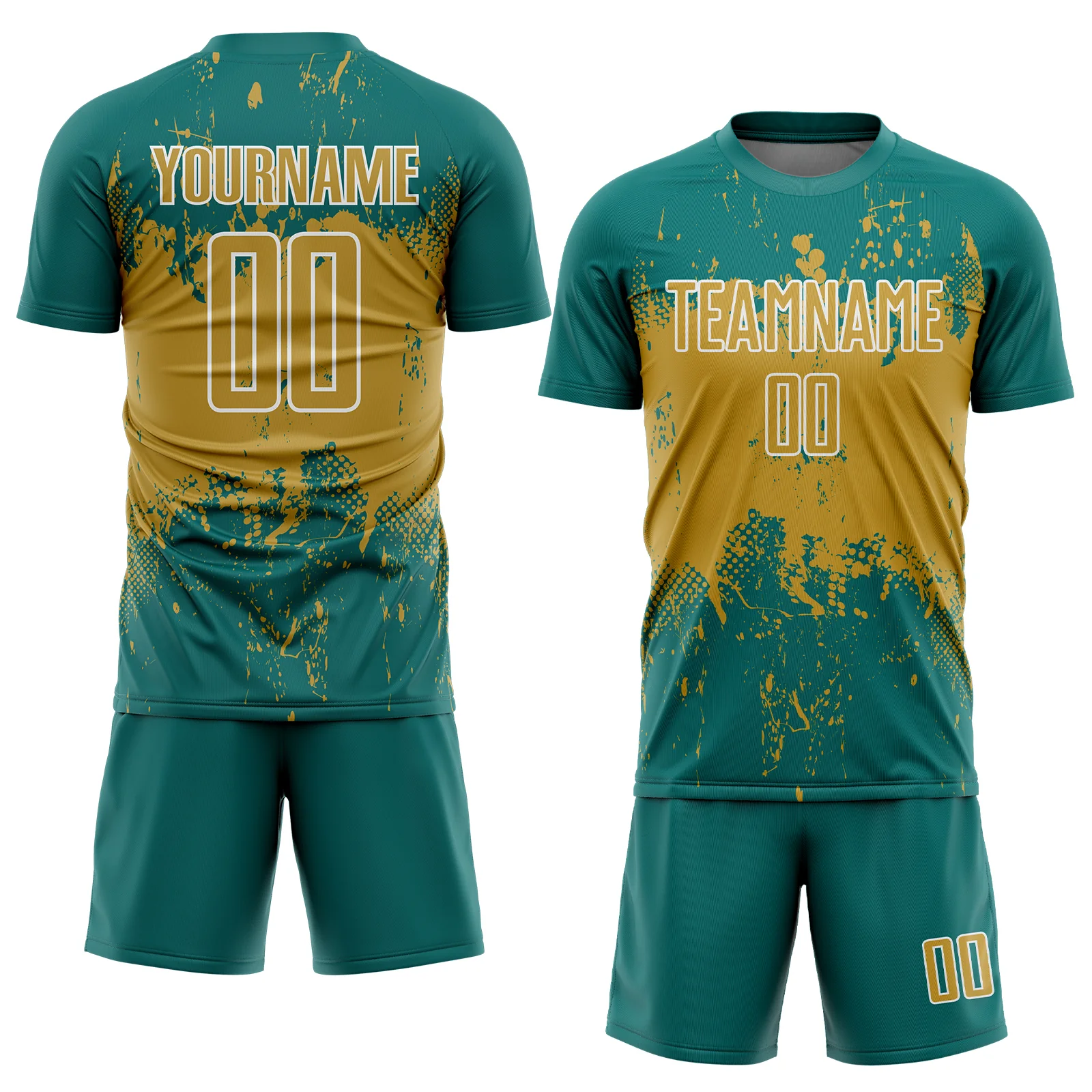Custom Teal Old Gold-White Abstract Splatter Grunge Art Sports Sublimation Soccer Uniform Jersey - Image 2
