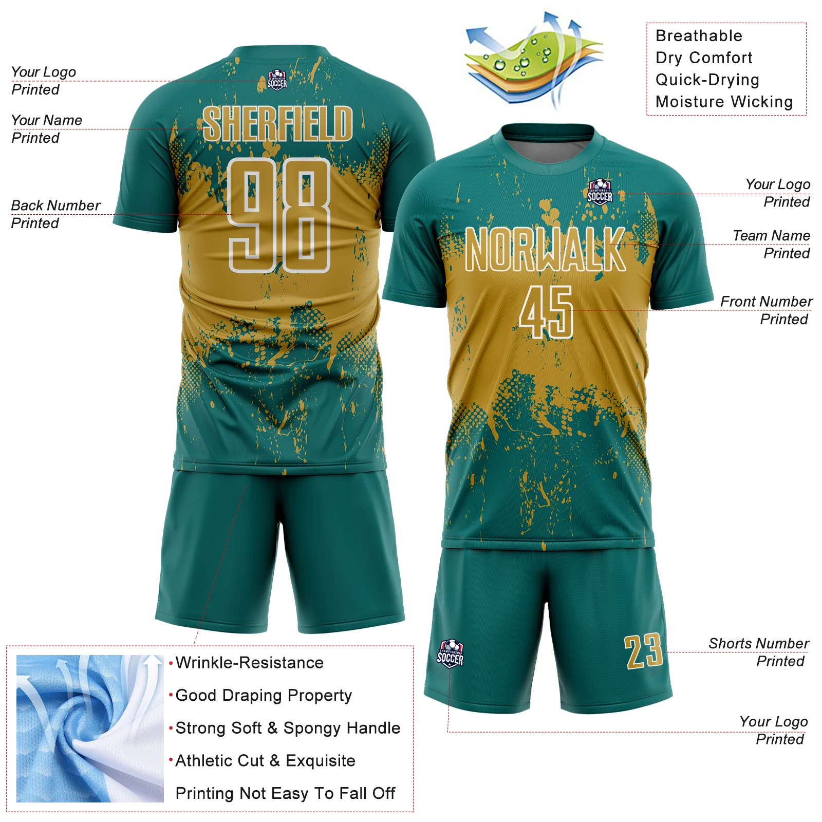Custom Teal Old Gold-White Abstract Splatter Grunge Art Sports Sublimation Soccer Uniform Jersey - Image 4