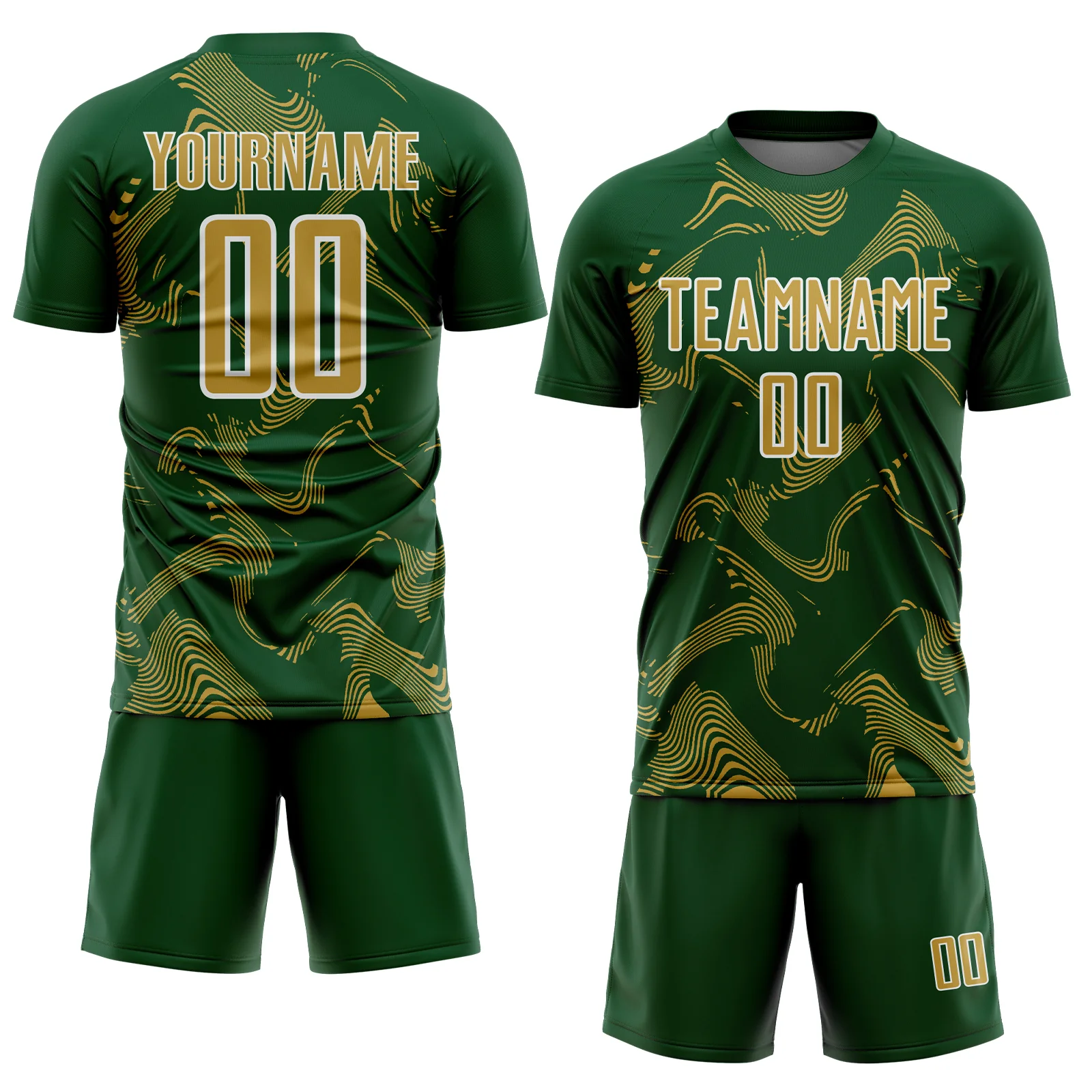 Custom Green Old Gold-White Curve Lines Sports Sublimation Soccer Uniform Jersey - Image 2