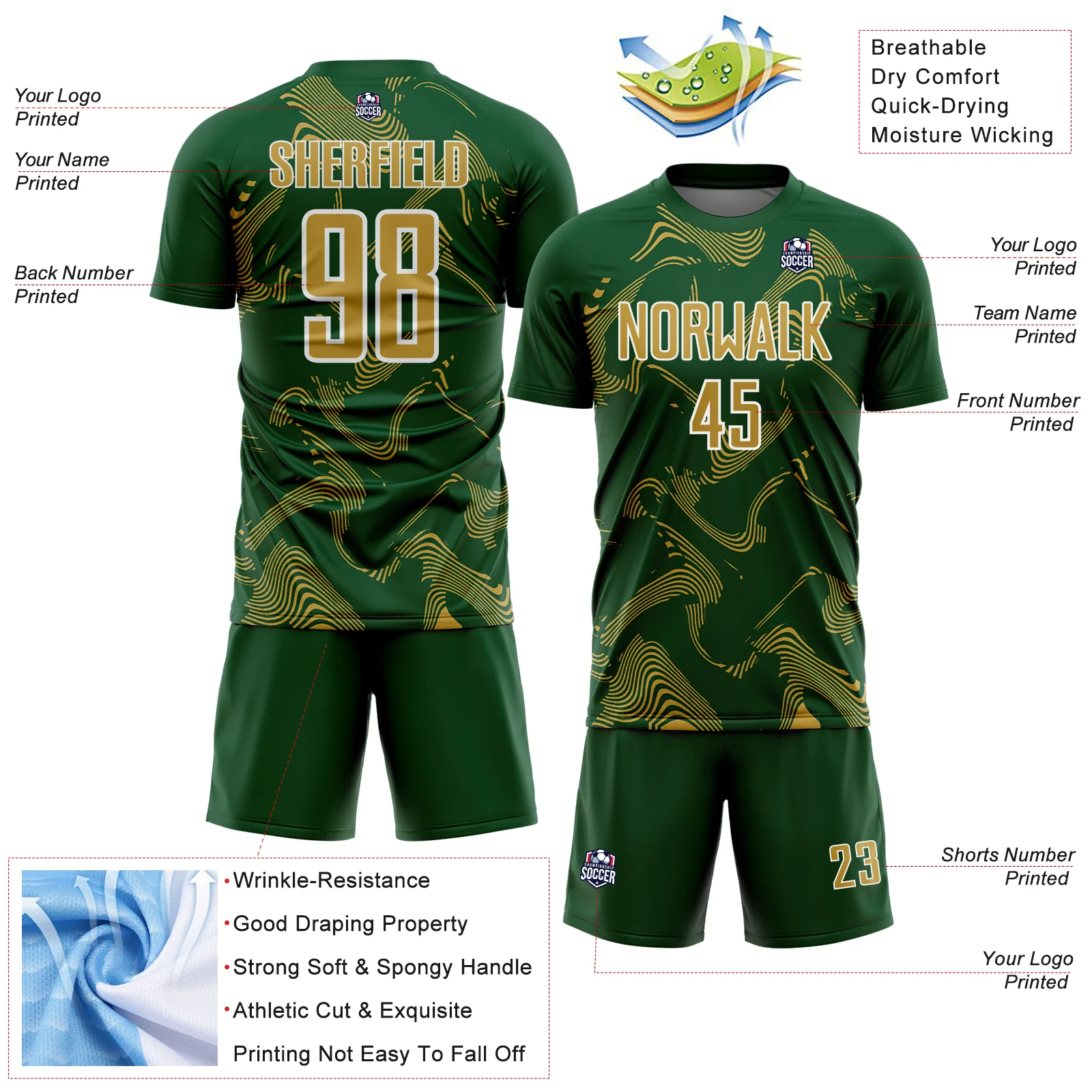 Custom Green Old Gold-White Curve Lines Sports Sublimation Soccer Uniform Jersey - Image 4