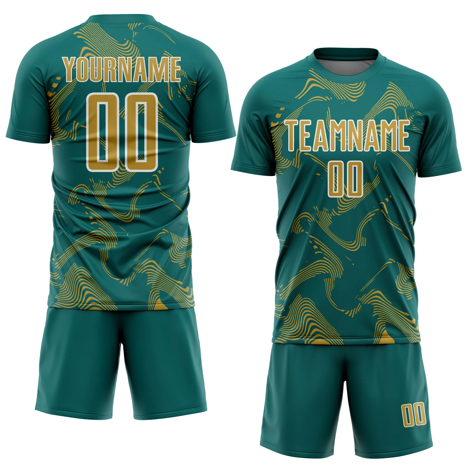 Custom Teal Old Gold-White Curve Lines Sports Sublimation Soccer Uniform Jersey - Image 2