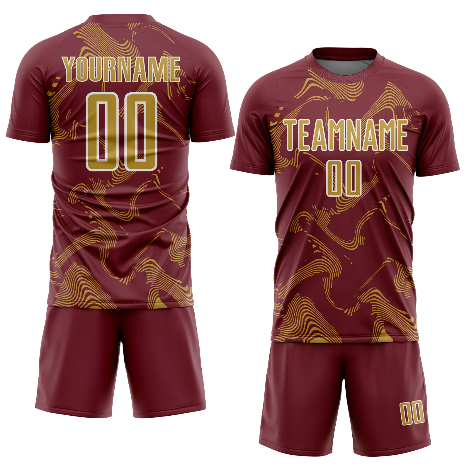 Custom Burgundy Old Gold-White Curve Lines Sports Sublimation Soccer Uniform Jersey - Image 2